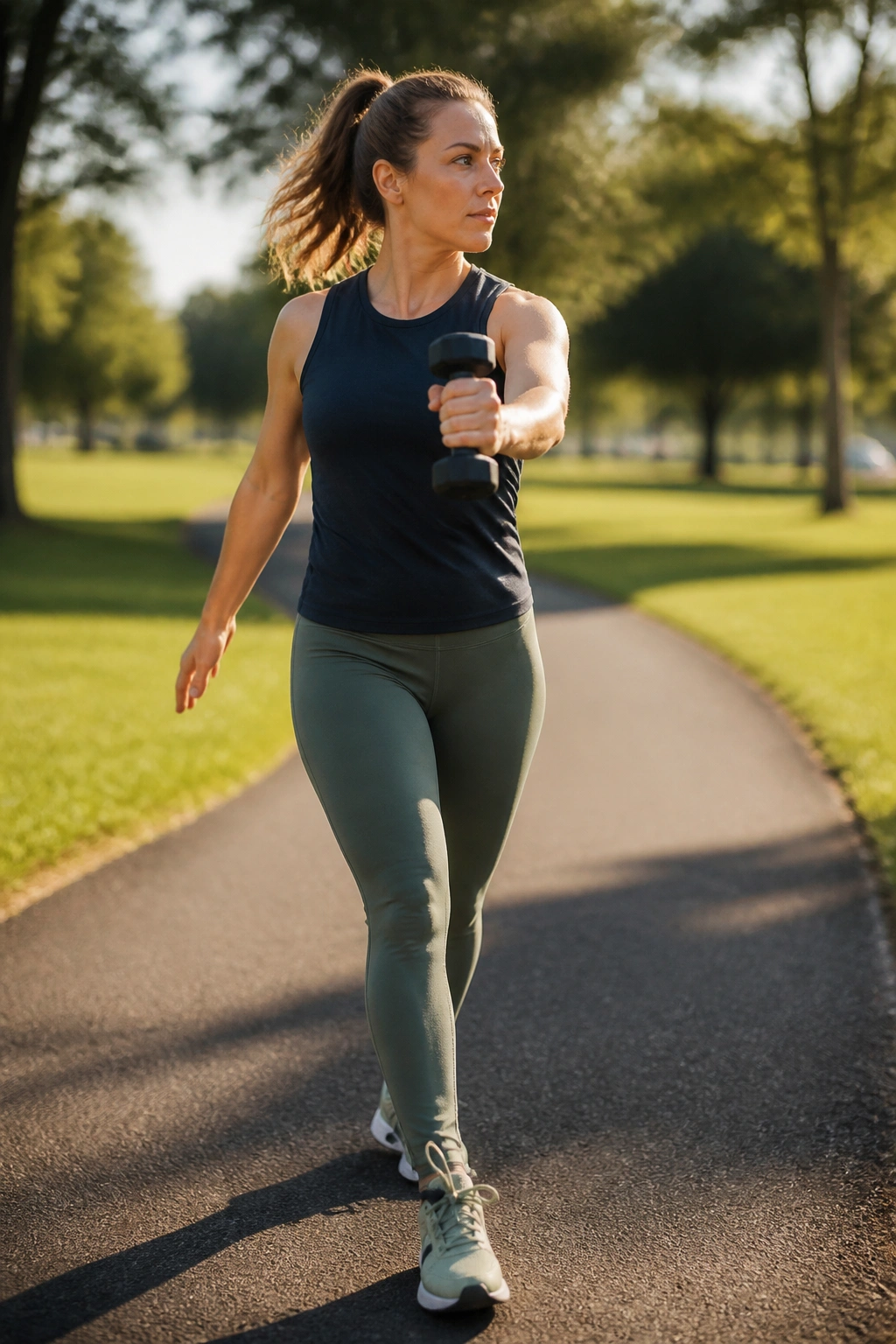 Person walking with a dumbbell performing a twist in a park