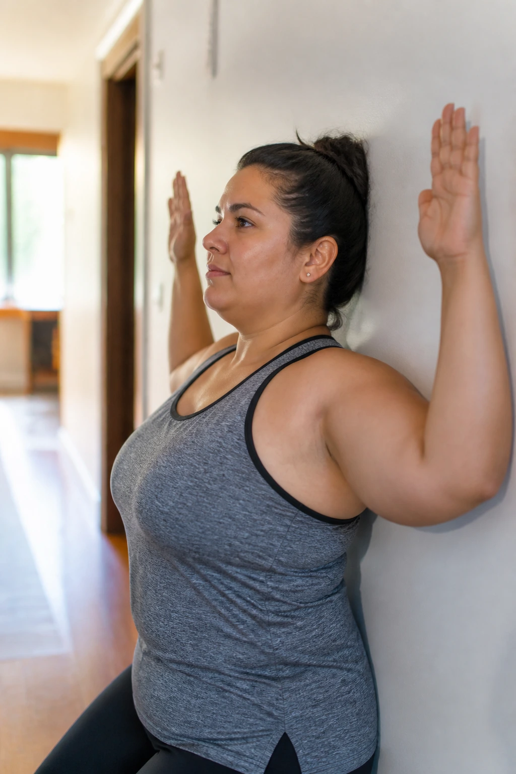 Close-up of a real person performing wall angels against a wall in a home setting