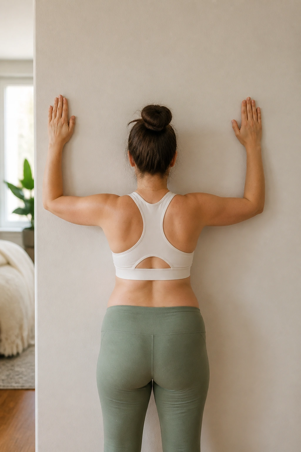 Person performing wall angels against a wall in a home