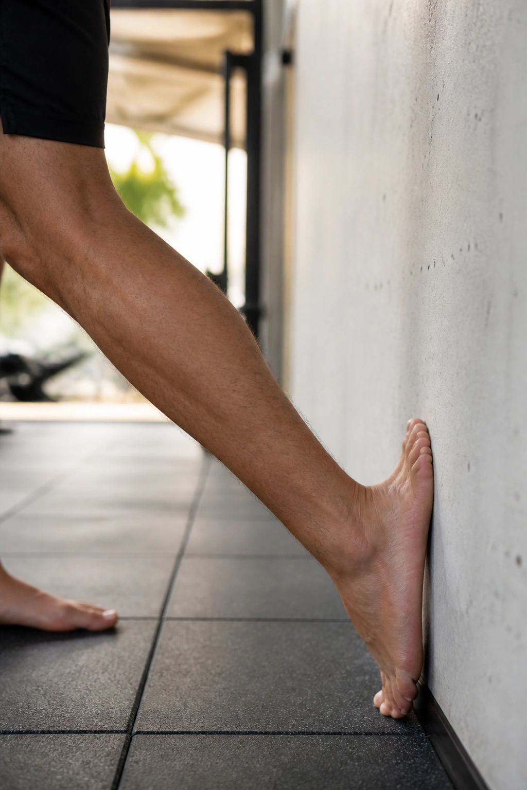 Close-up of a person performing wall calf stretch against a wall