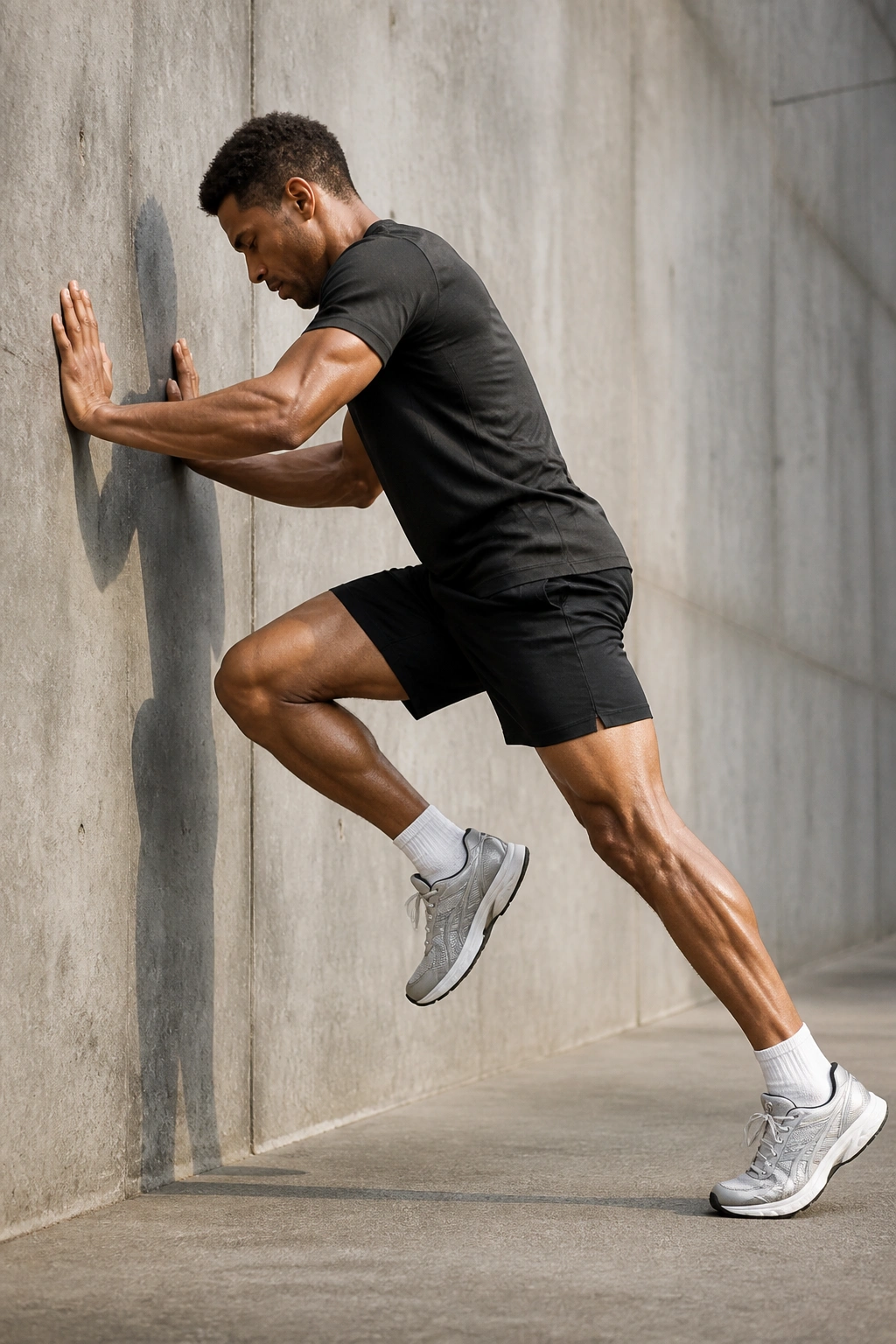 Runner performing wall drills leaning into a wall