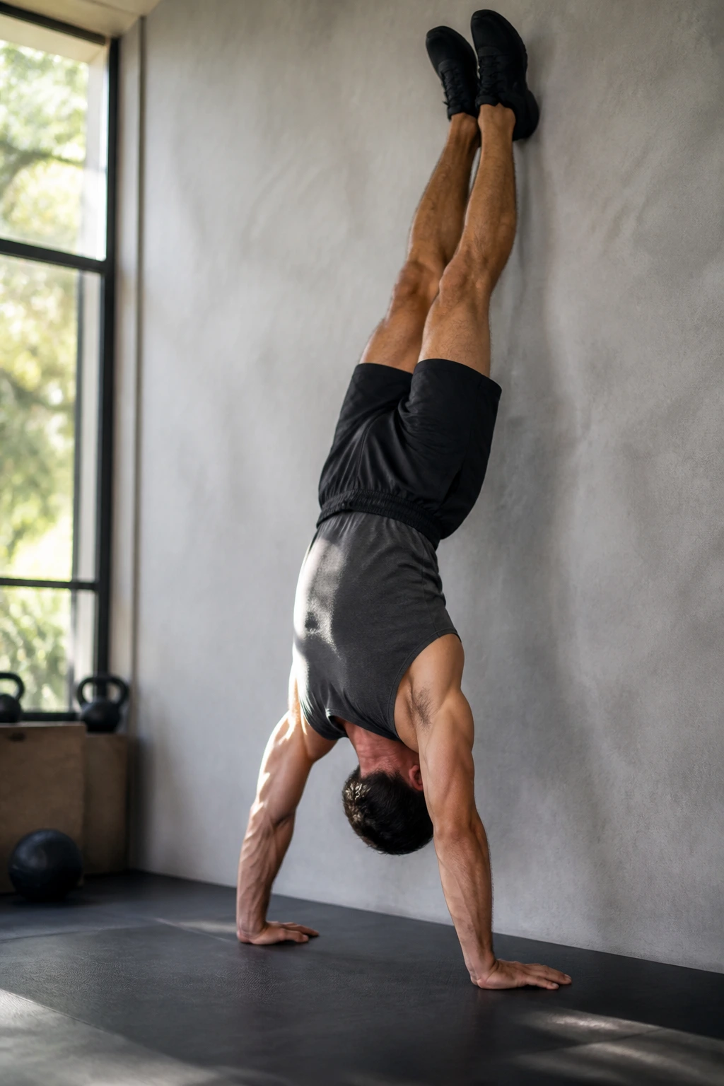Person in wall-supported handstand with active shoulders against a gym wall