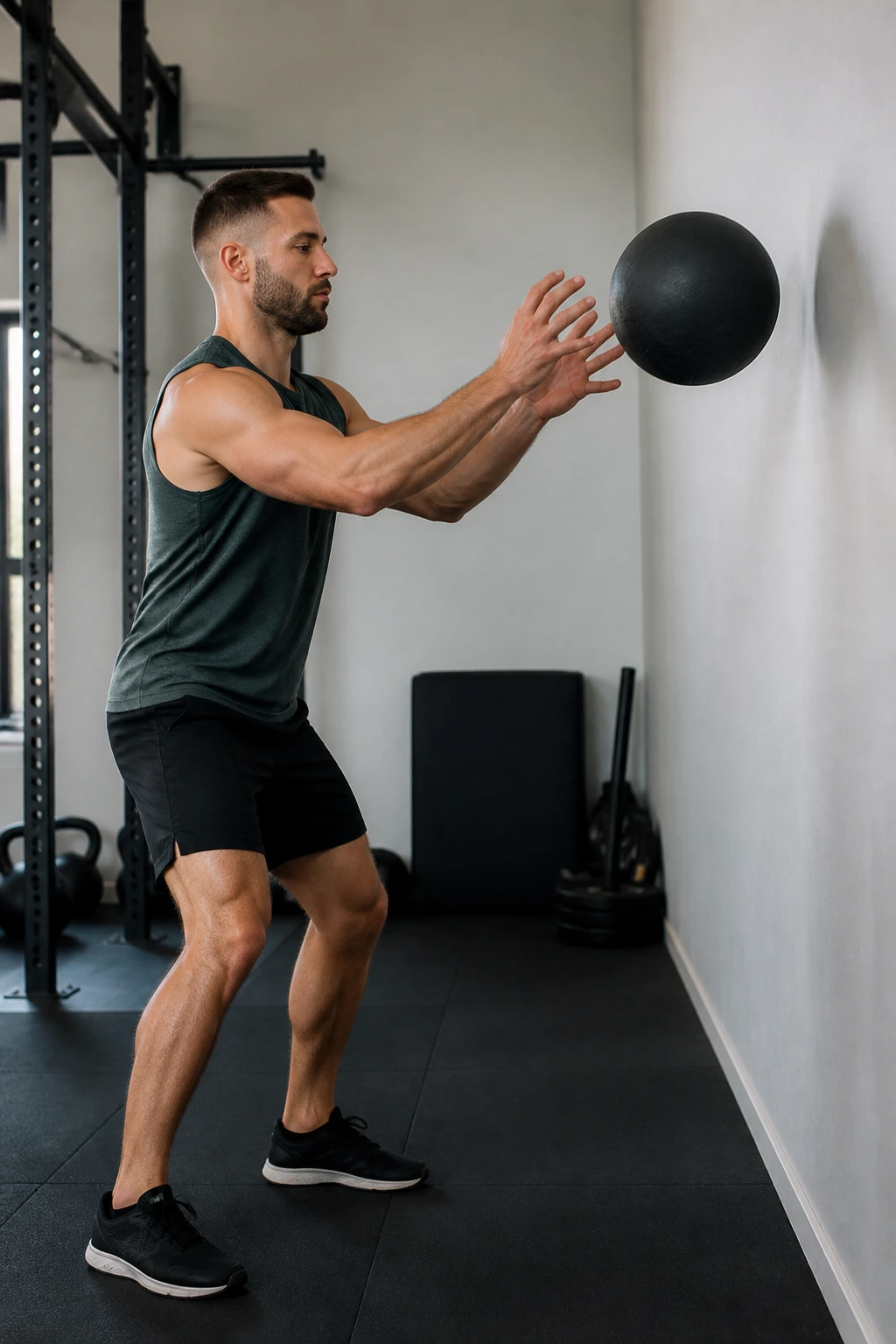 Person performing wall passes with medicine ball at home