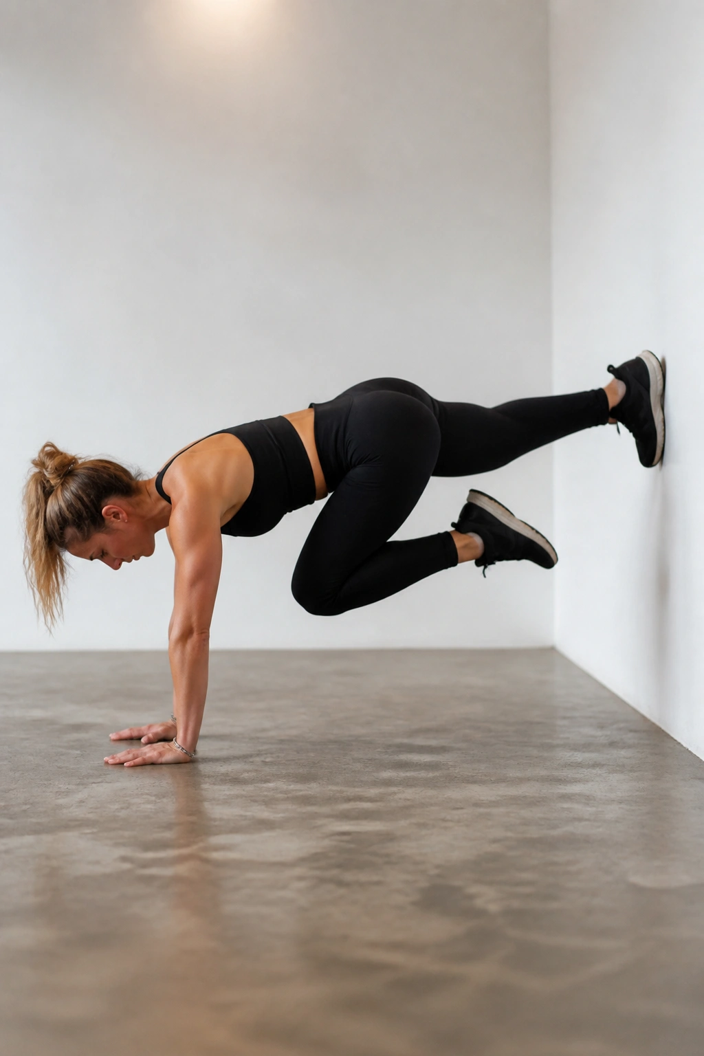 Person in decline plank with heels on wall performing leg lifts.