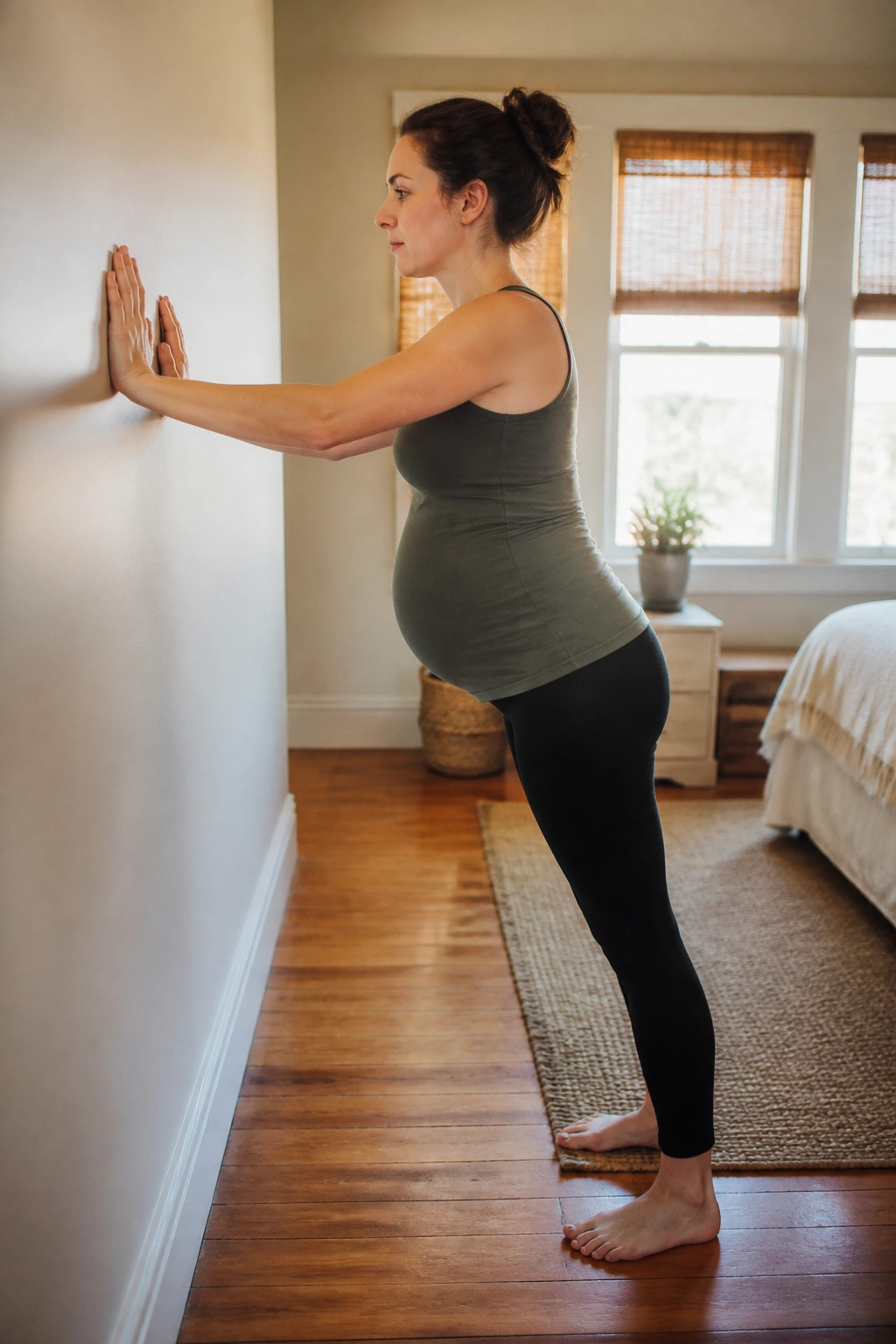 Pregnant woman performing wall press belly brace near a wall