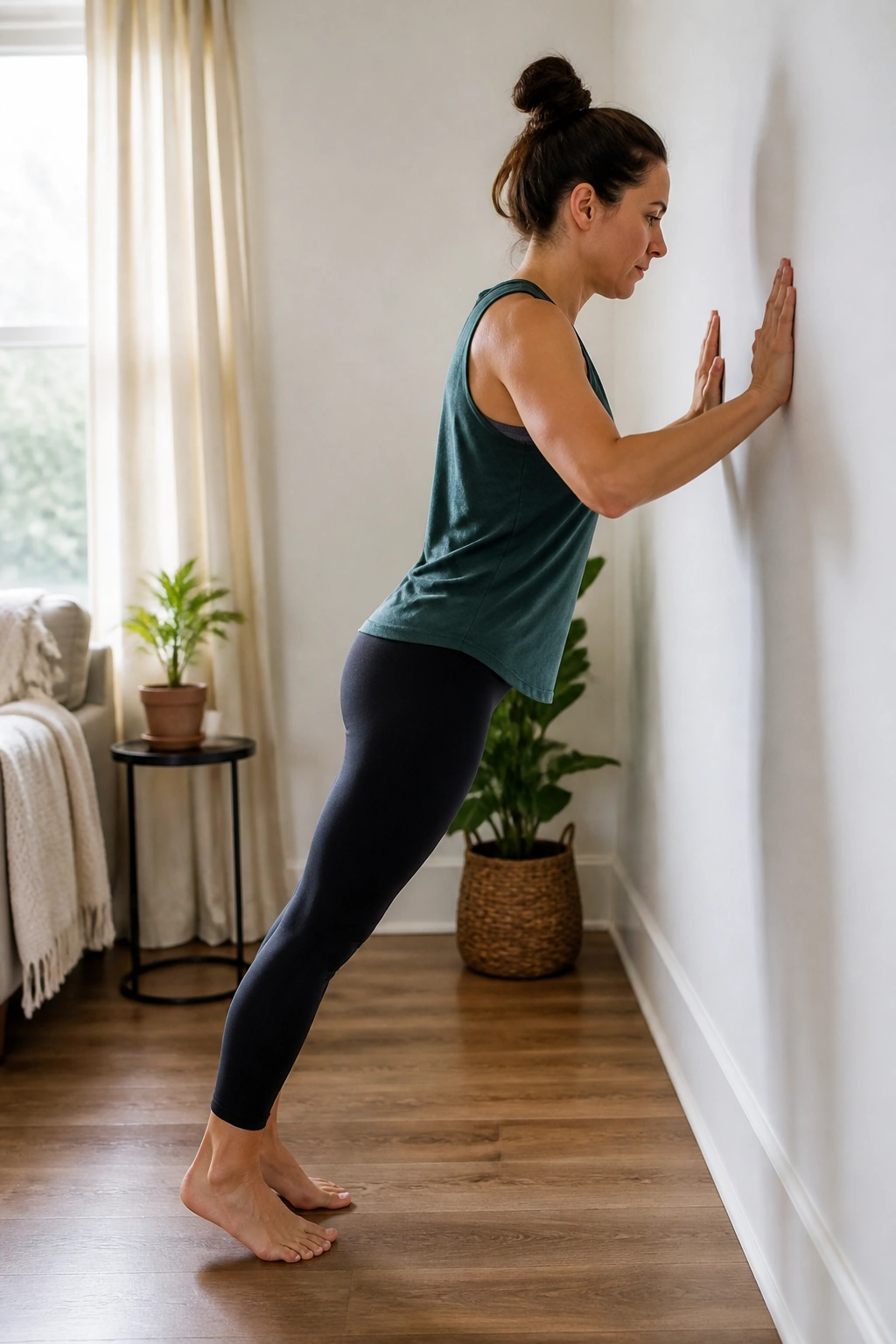 Person performing a wall push-up with core engaged in a home setting