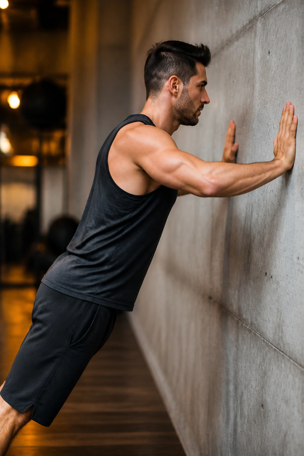 Close-up of a person doing a wall push-up against a gym wall