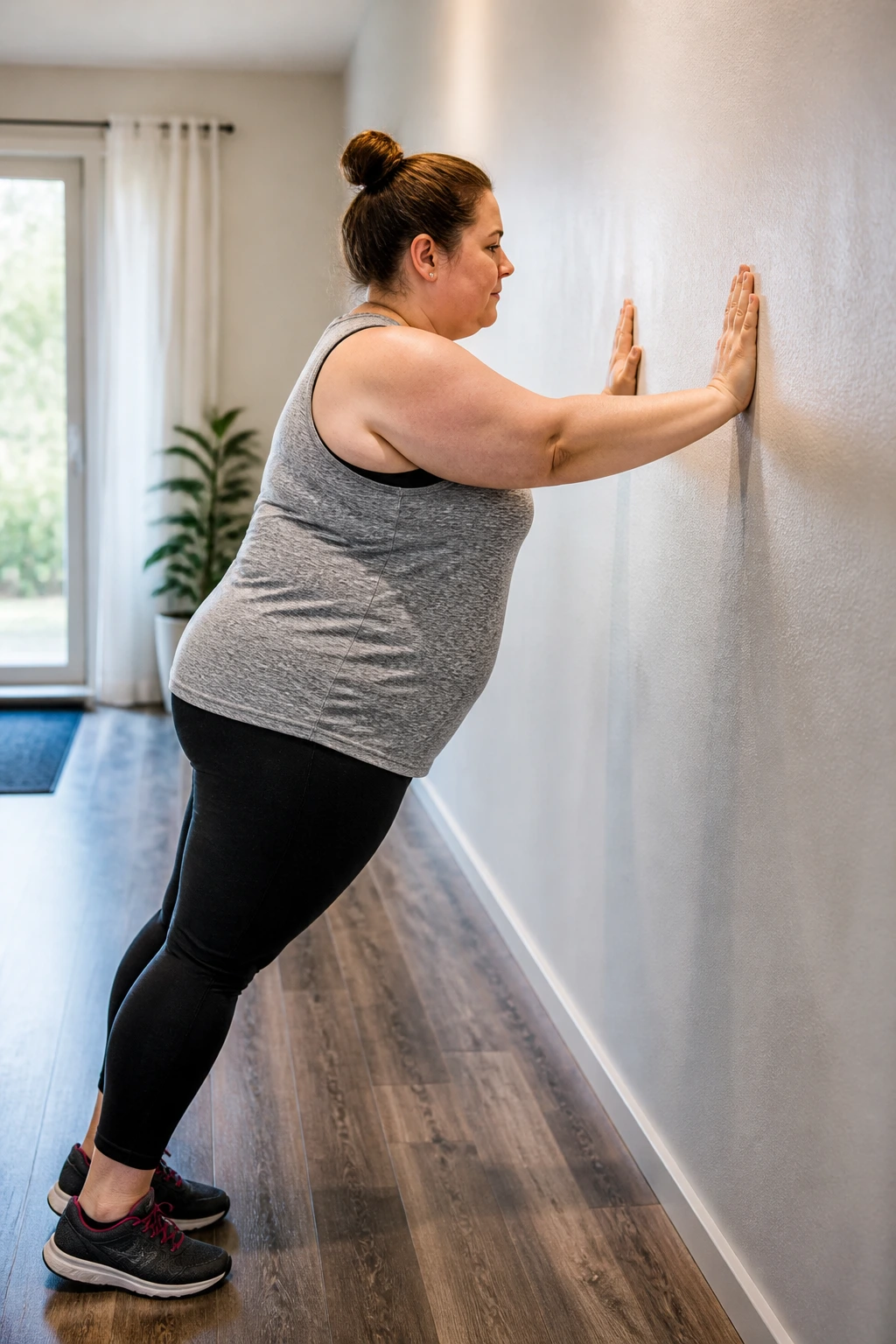 Real woman performing wall push-ups against a wall in a bright room