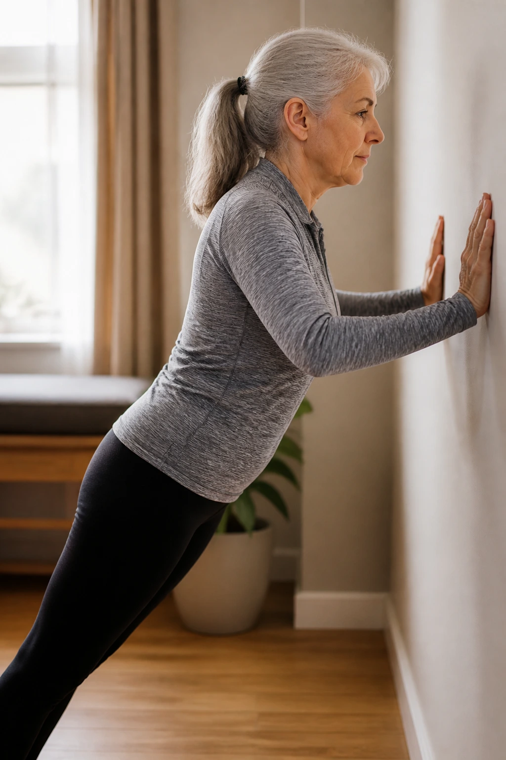 Real woman doing wall push-ups at home