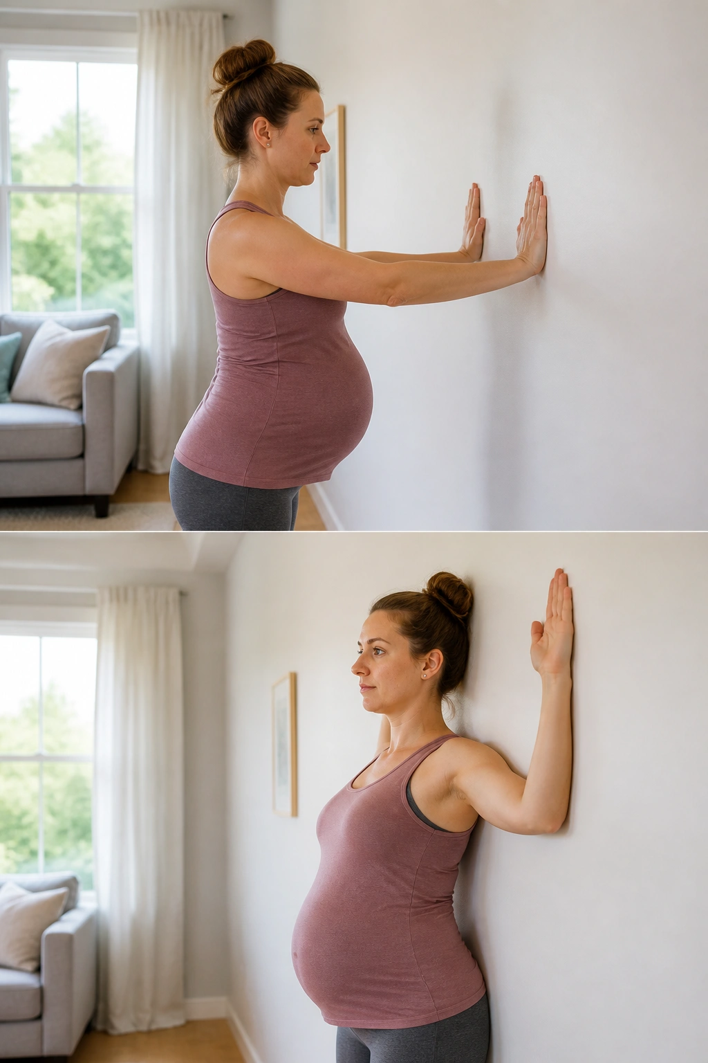 Pregnant woman performing wall push-ups and wall angels in a bright home hallway.