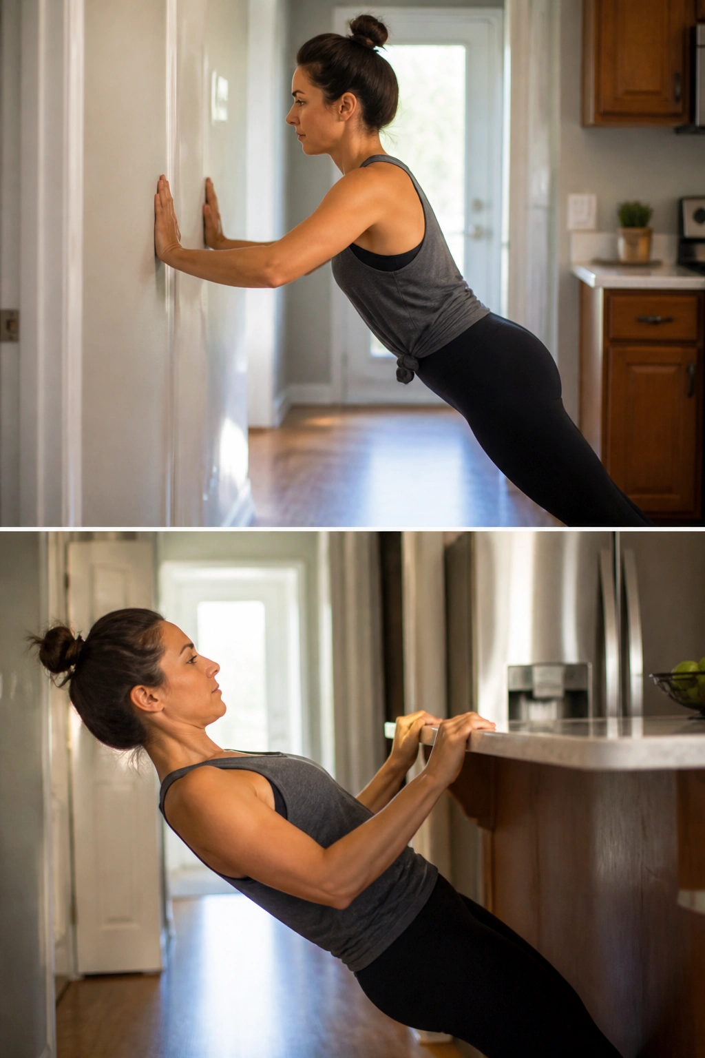 Mom doing wall push-ups and rows in a doorway to strengthen upper body