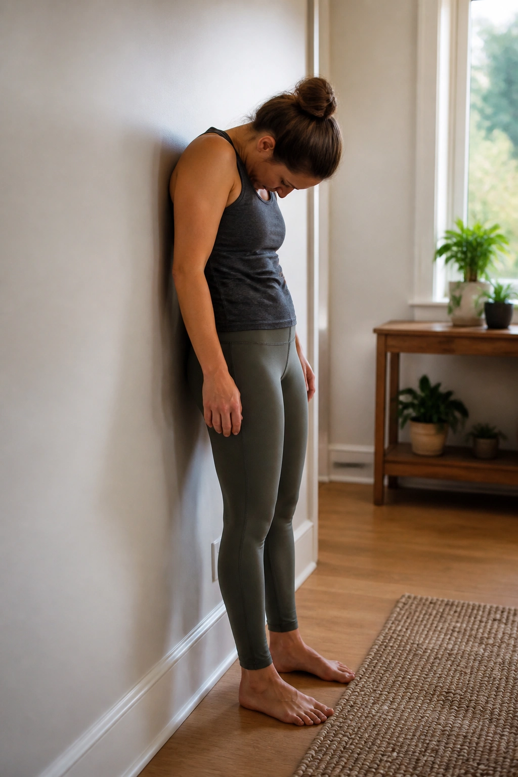 Person performing wall roll-down stretch near a wall in a home setting