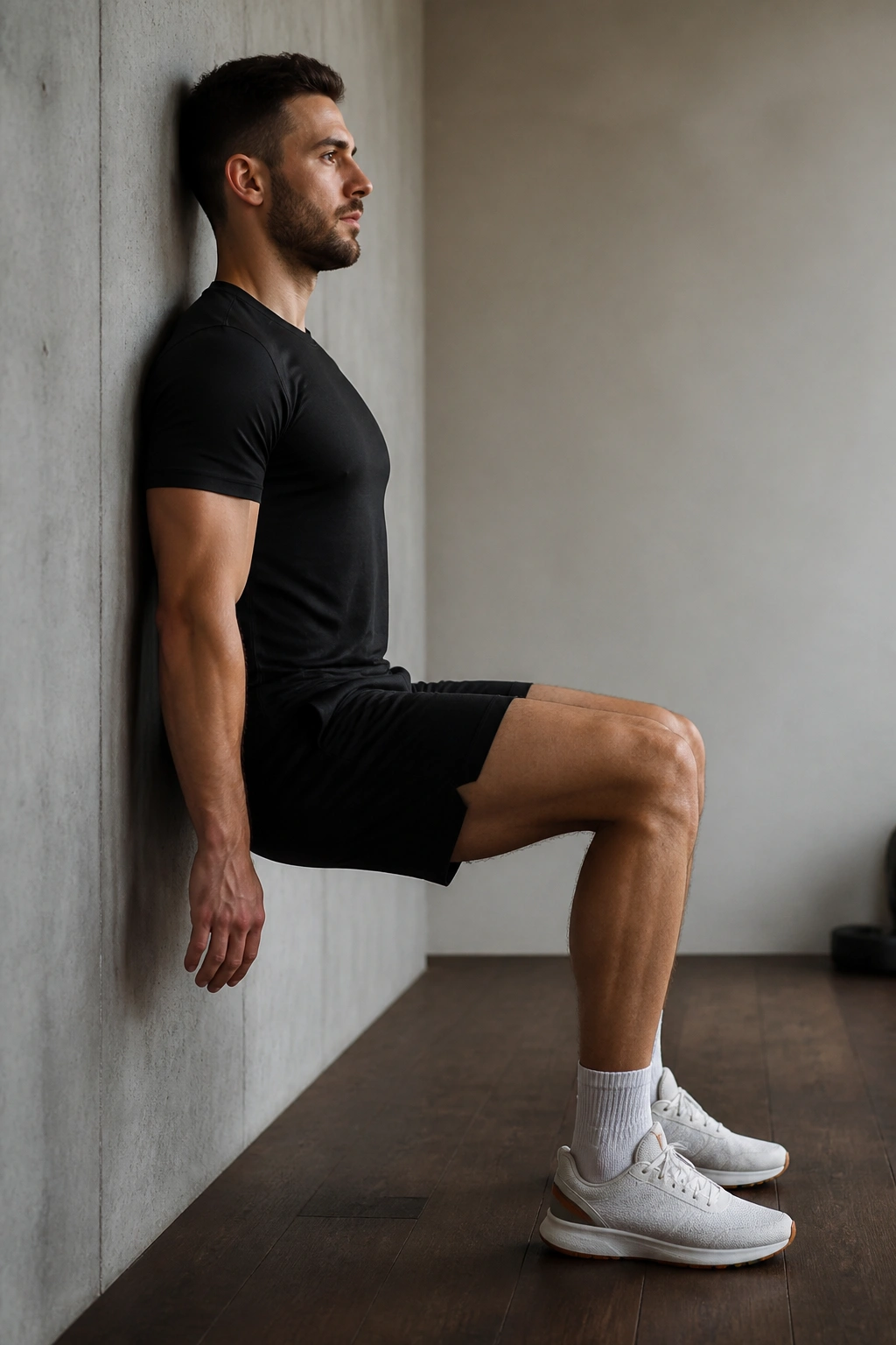 Side-profile of a person doing a wall sit against a wall
