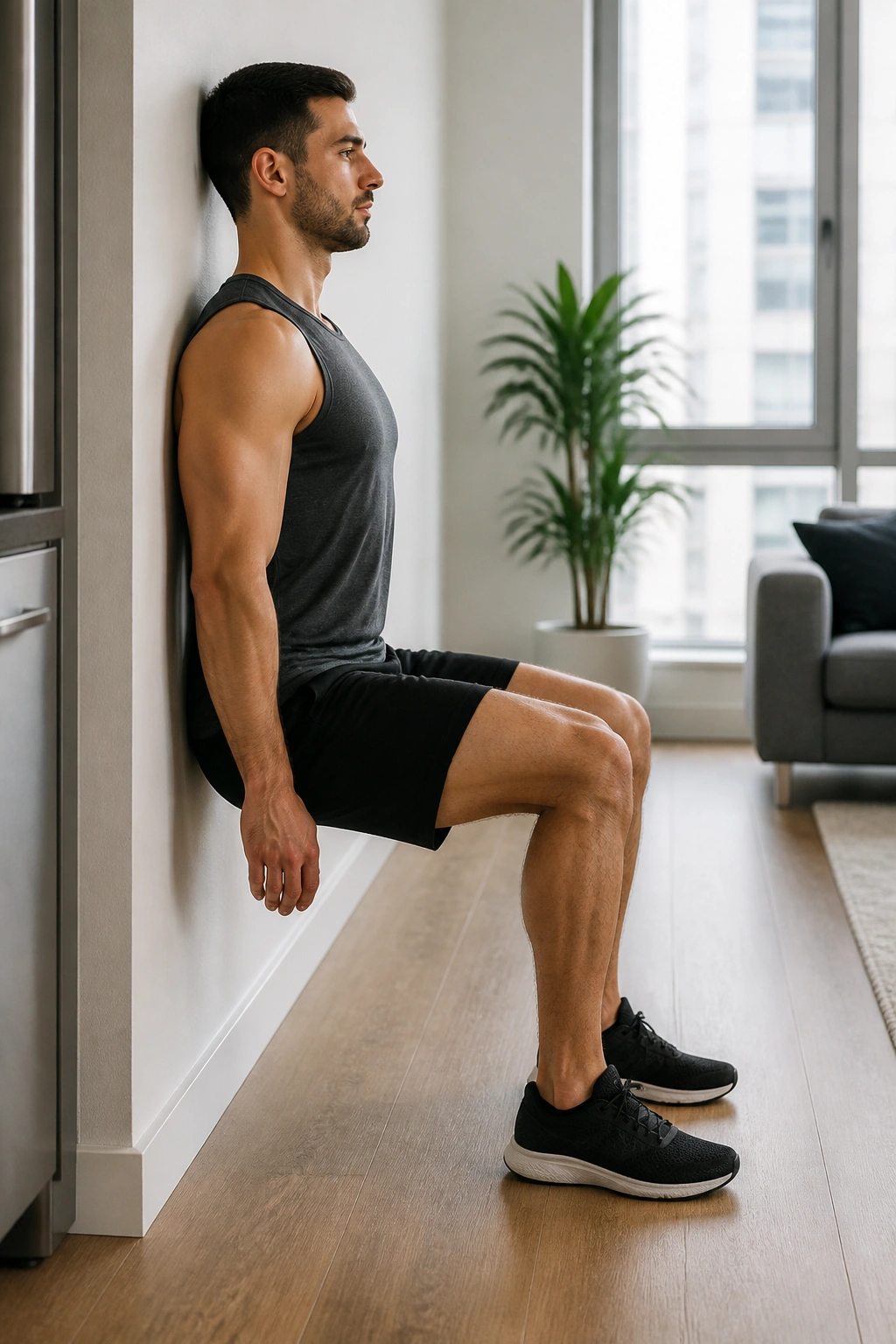 Side view of a person in a wall sit against an apartment wall