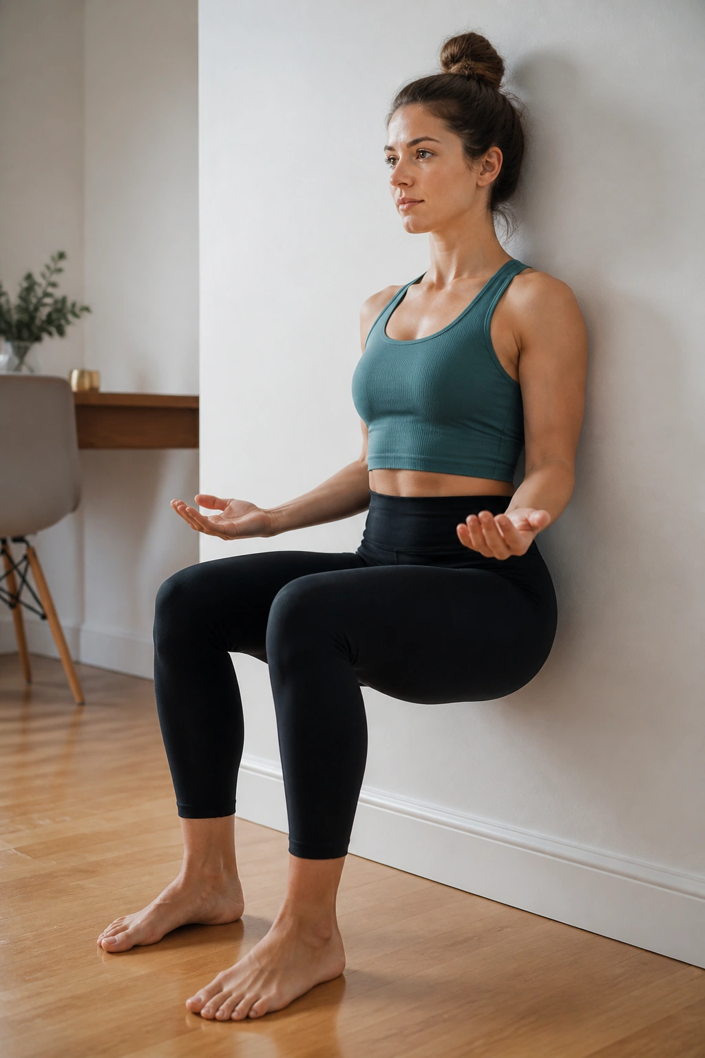 Person performing wall-sit with arm pulses against a wall