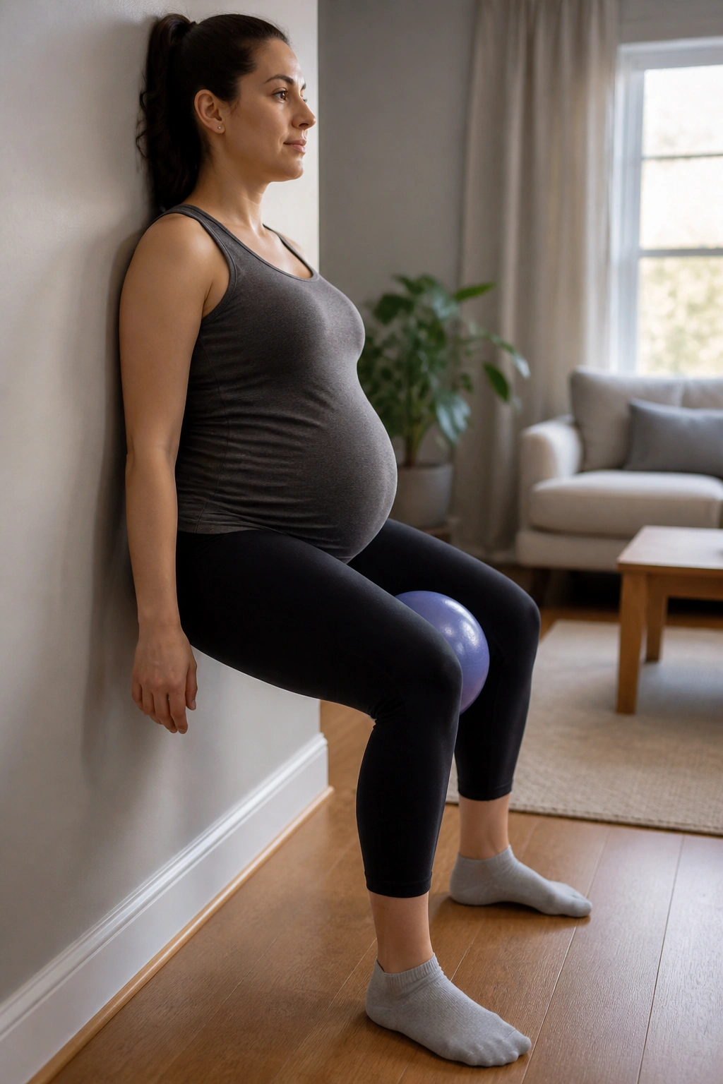 Pregnant woman doing wall sit with ball between knees