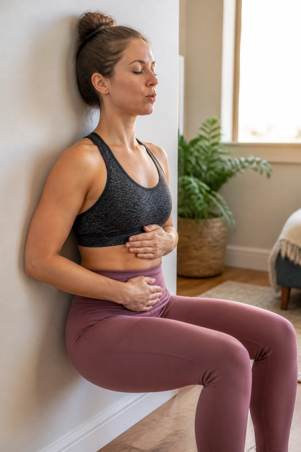 Real person performing wall sit emphasizing breathing and pelvic engagement