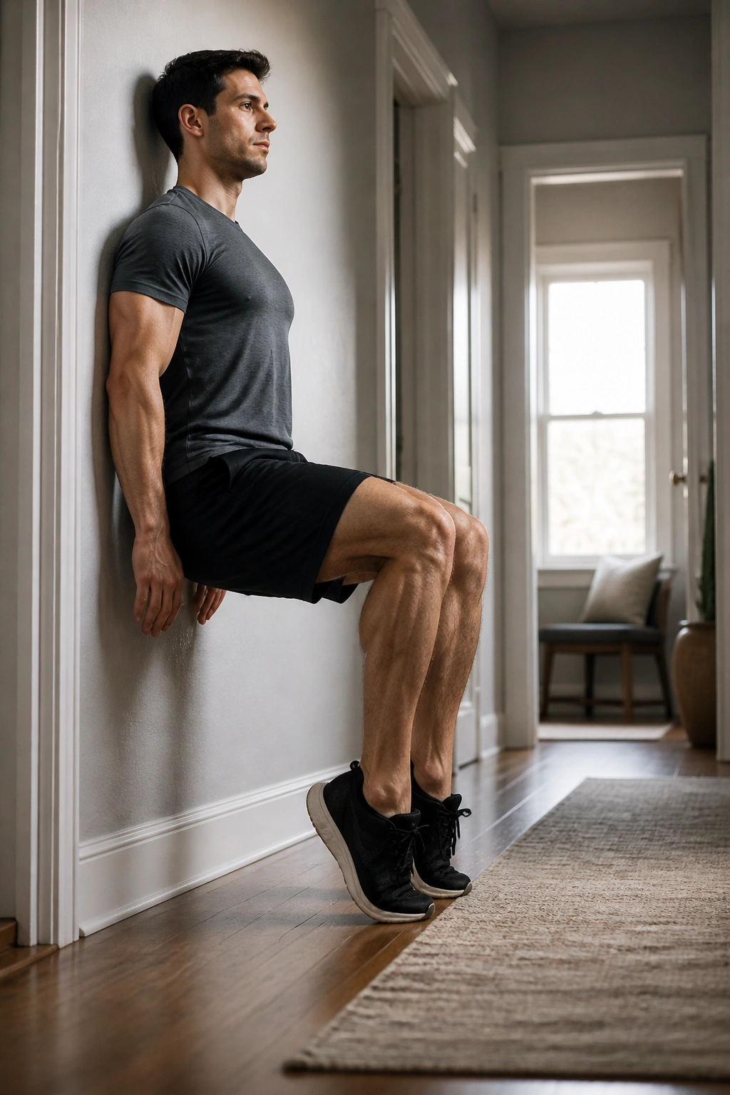 Close-up of a person performing a wall-sit with calves engaged in a hallway