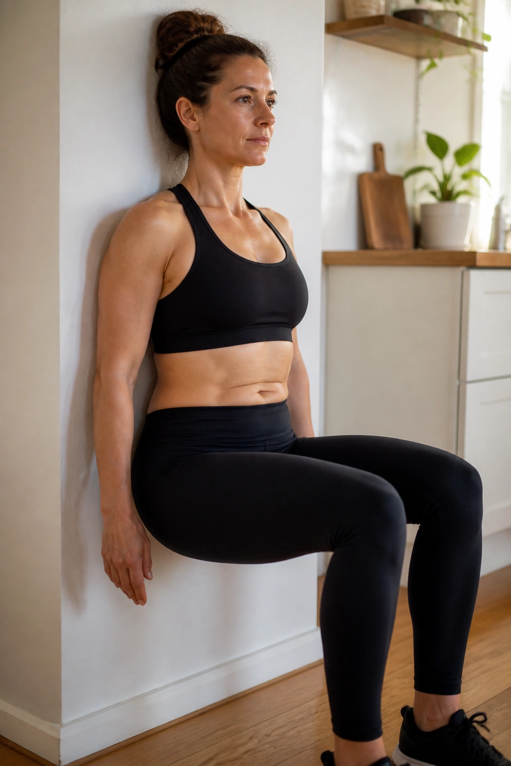Person performing wall sit with core engaged against a wall in a home setting.