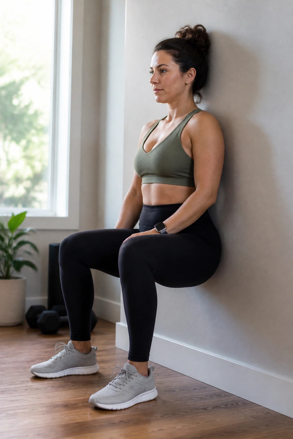Real person doing a wall sit with back against wall and knees at 90 degrees.