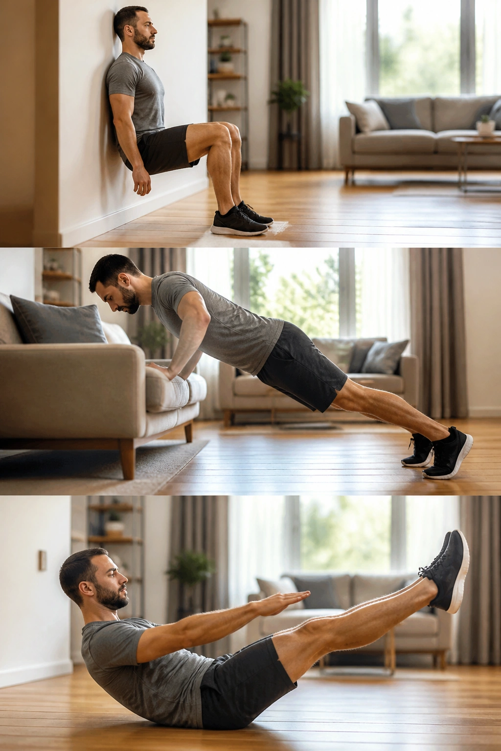 Person in wall sit against home wall with warm daylight on wooden floor