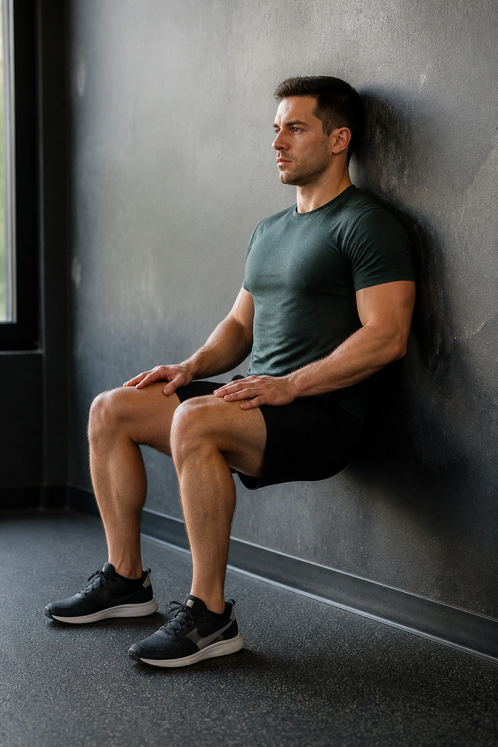 Person performing a wall sit against a gym wall with thighs parallel to the floor