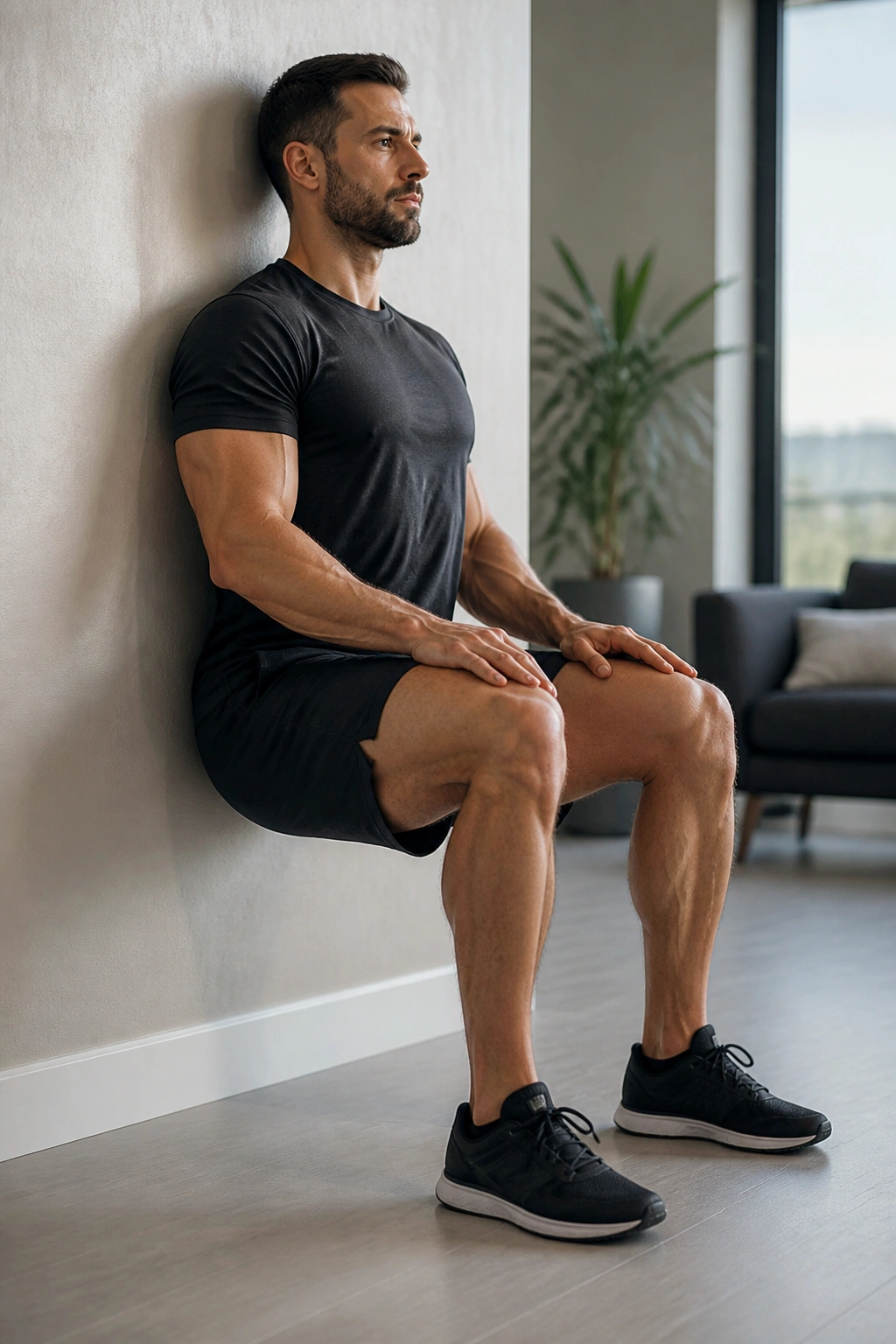 Close-up of a person holding a wall sit with thighs parallel to the floor