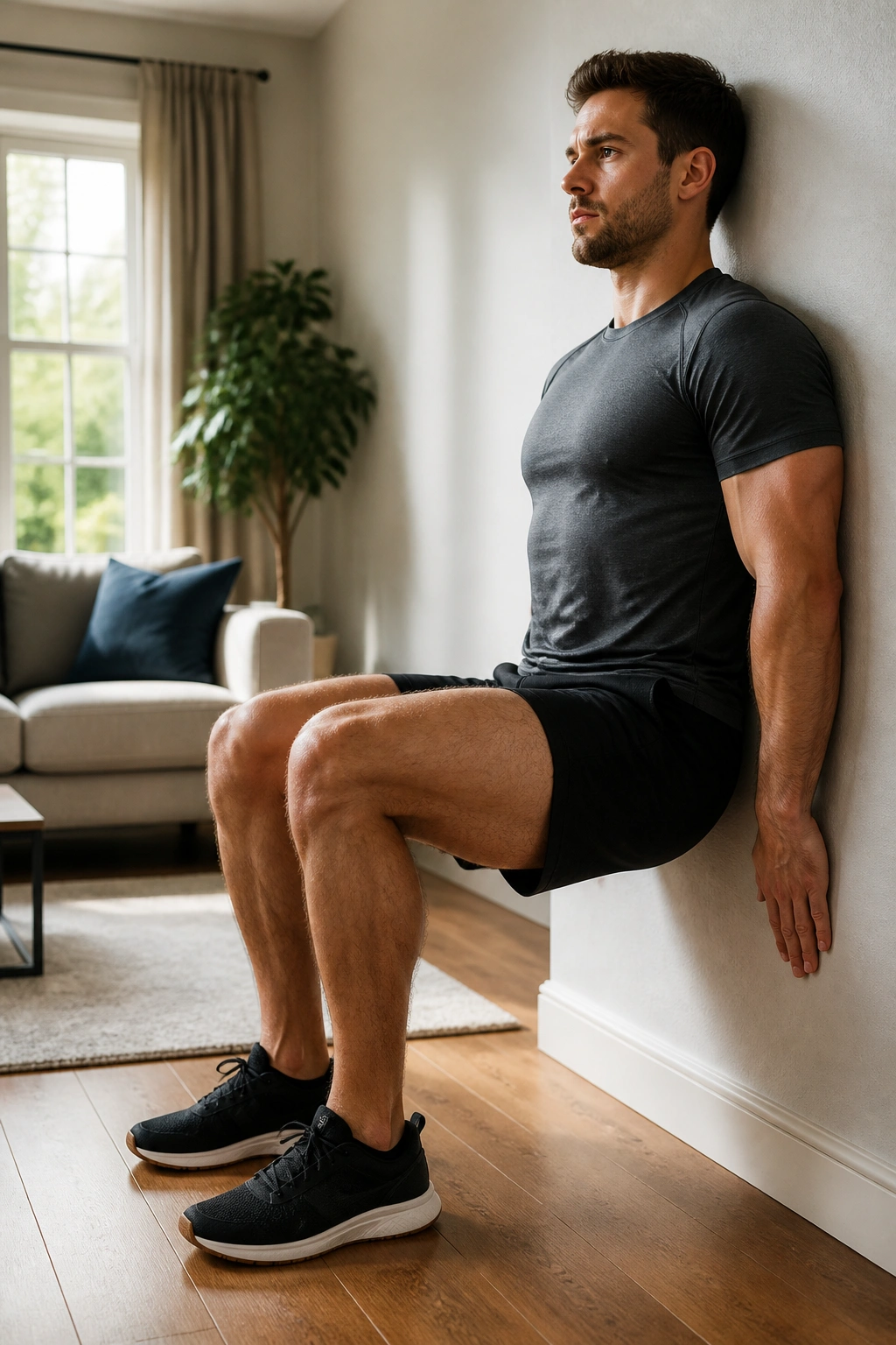 Real person in a wall sit demonstrating proper knee angle in a cozy living room