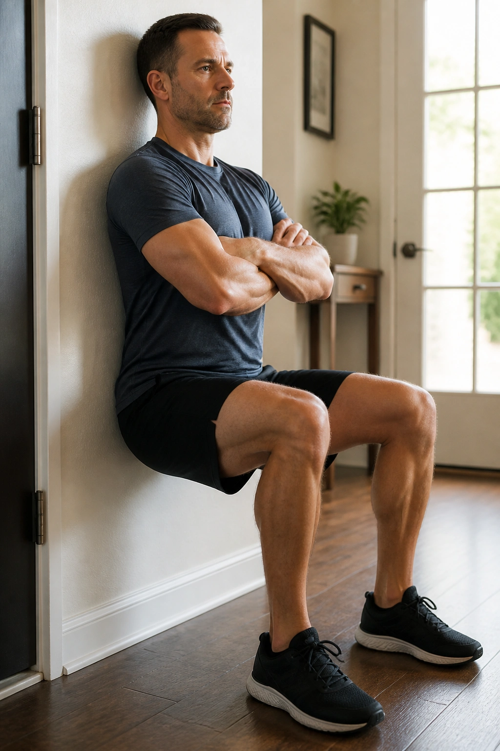 Medium close-up of a person in a wall sit at home with back against wall and knees bent