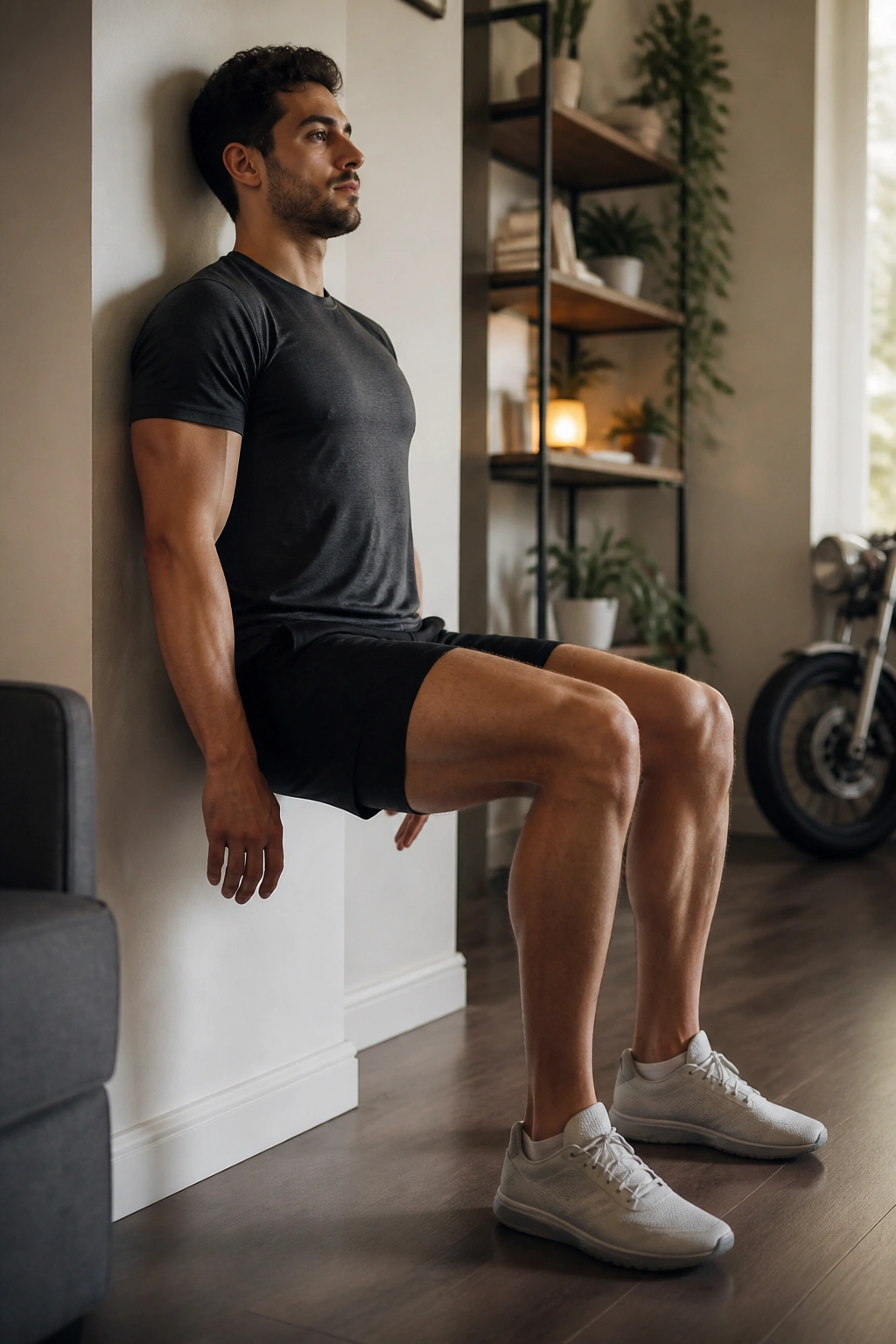 Person holding a wall sit in a modern apartment