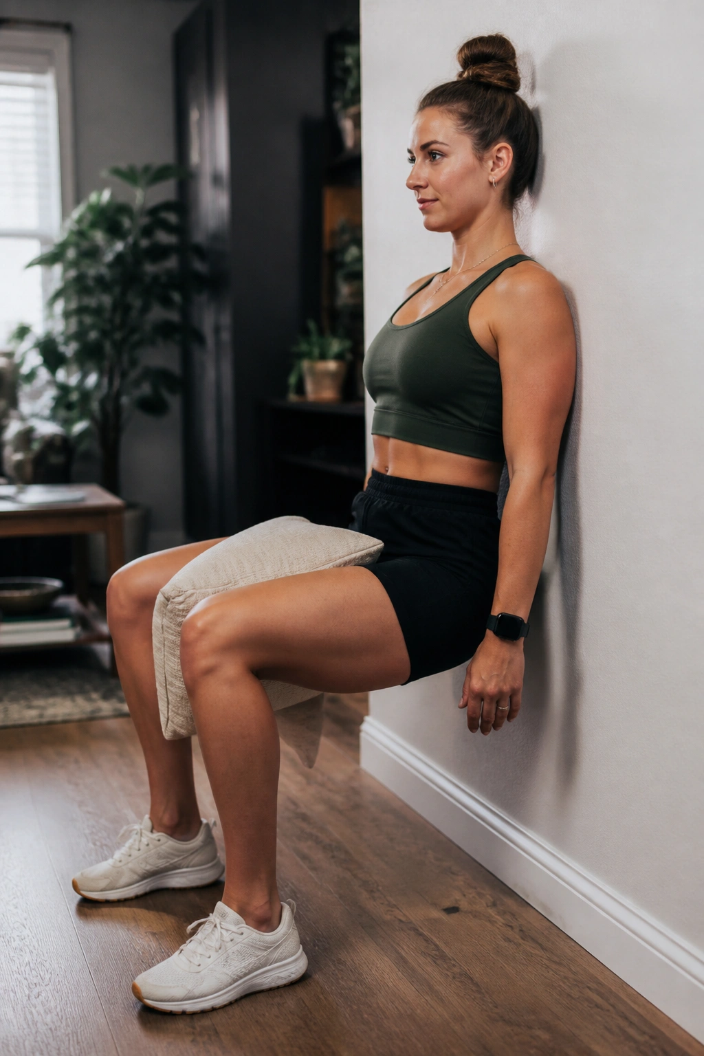 Person in a wall sit pressing a pillow between the knees in a home interior.