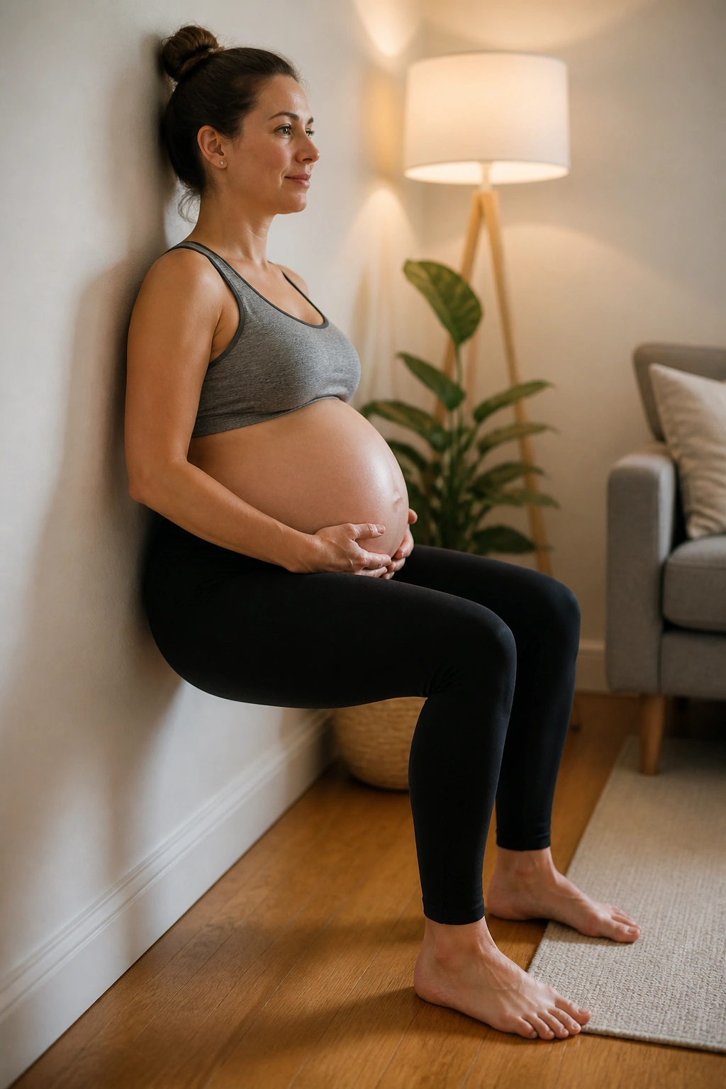 Medium close-up of a person in a wall sit position against a wall