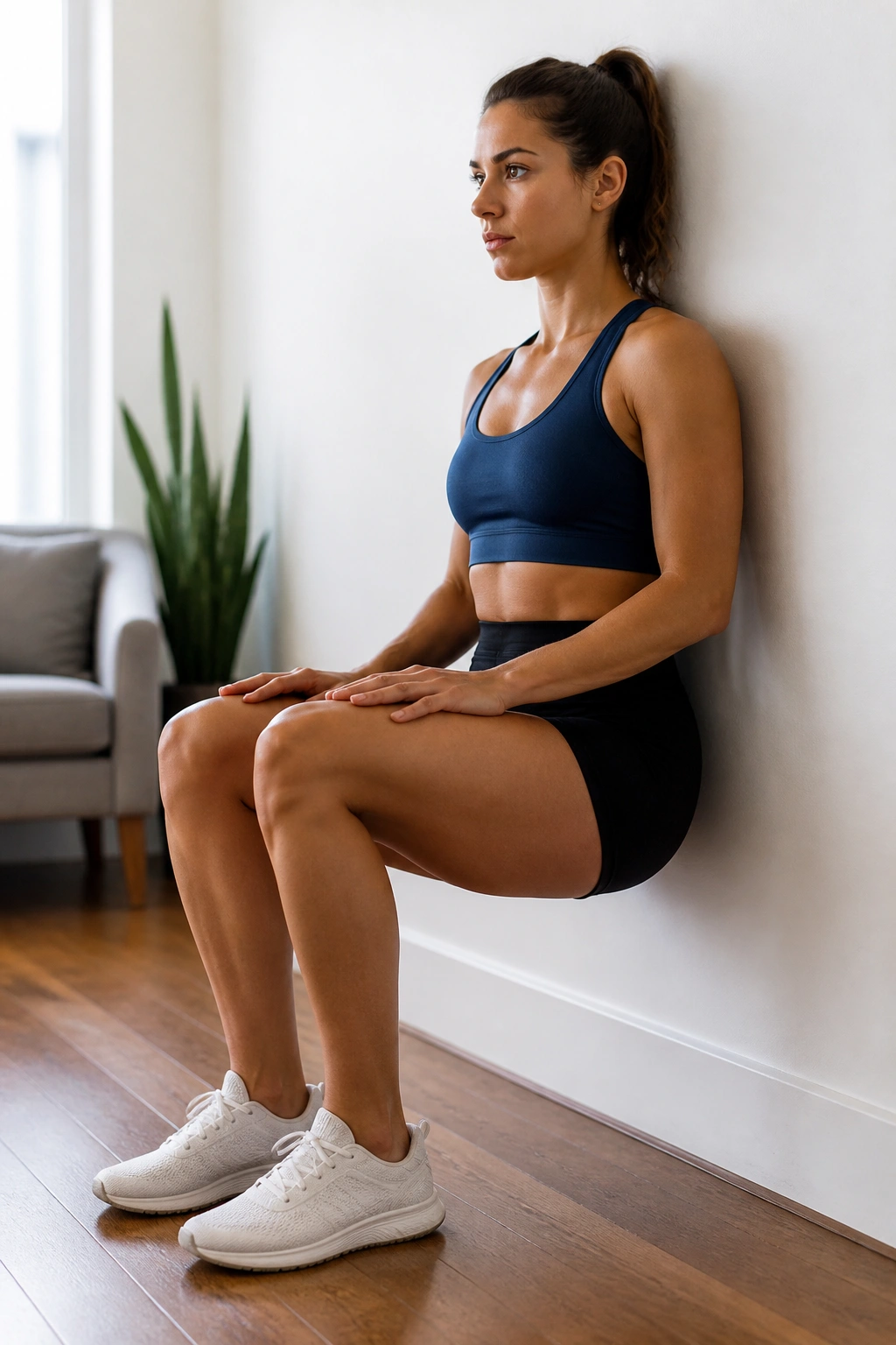 Real person performing a wall sit with back flat to wall and knees at 90 degrees in a home setting.