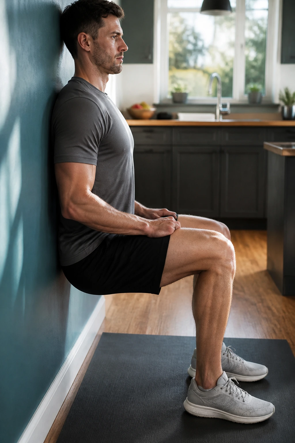 Person holding wall sit with knees at 90 degrees