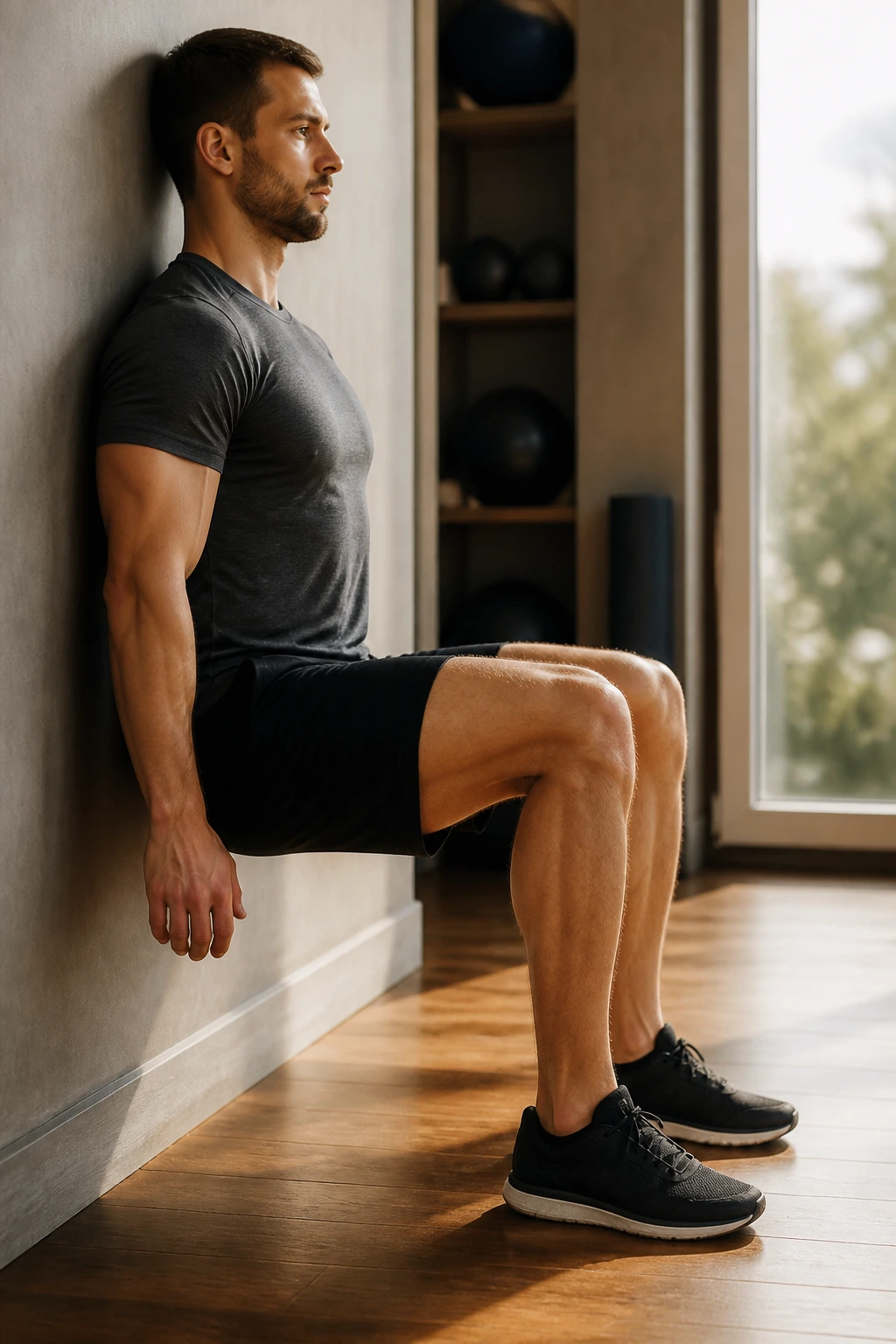 Close side profile of a person performing a wall sit highlighting quadriceps engagement.