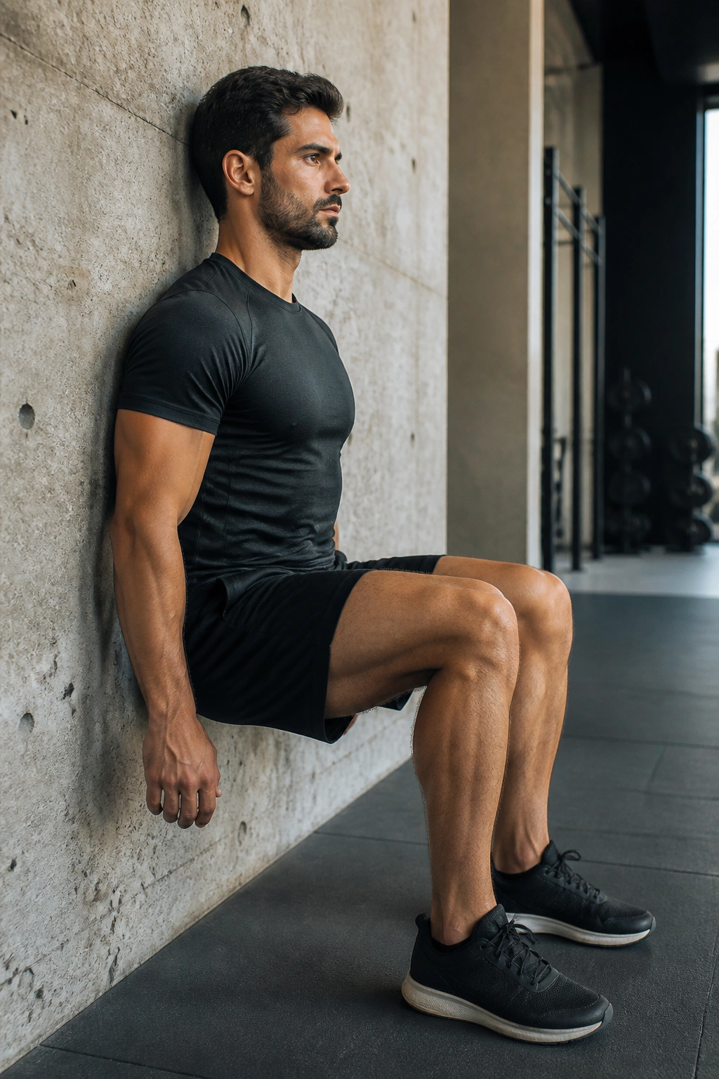 Close-up of a person holding a wall sit with thighs parallel and back against wall
