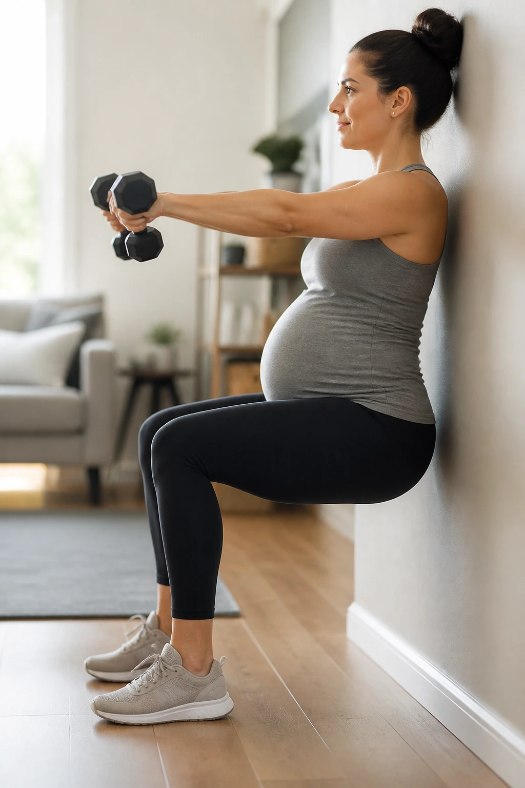 Person doing wall sits with chest presses at home
