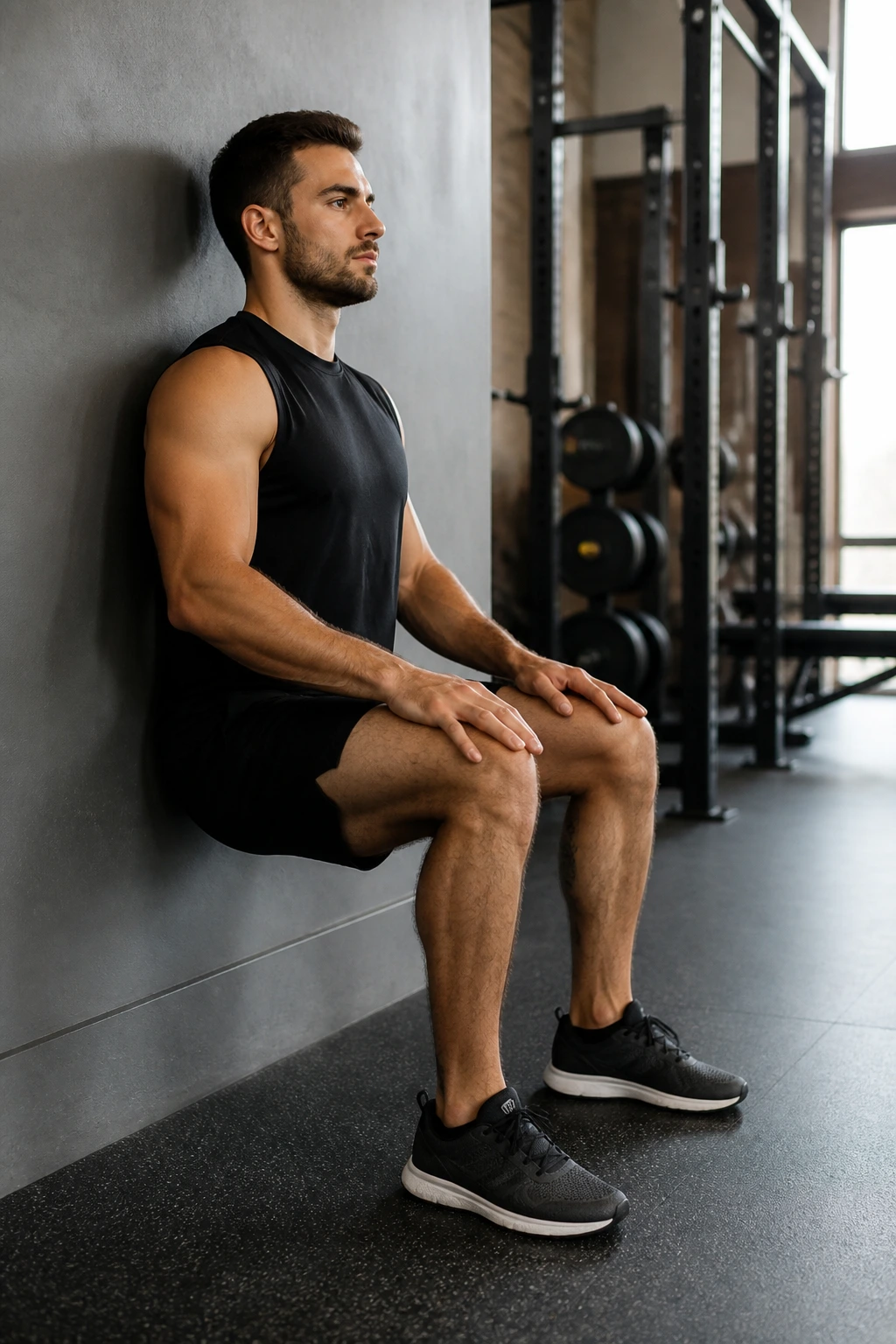 Real athlete in wall sit position against gym wall