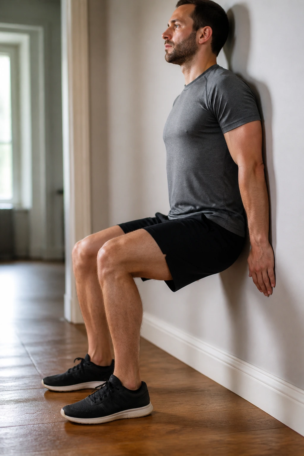 Real person performing wall slide with knee alignment over second toe