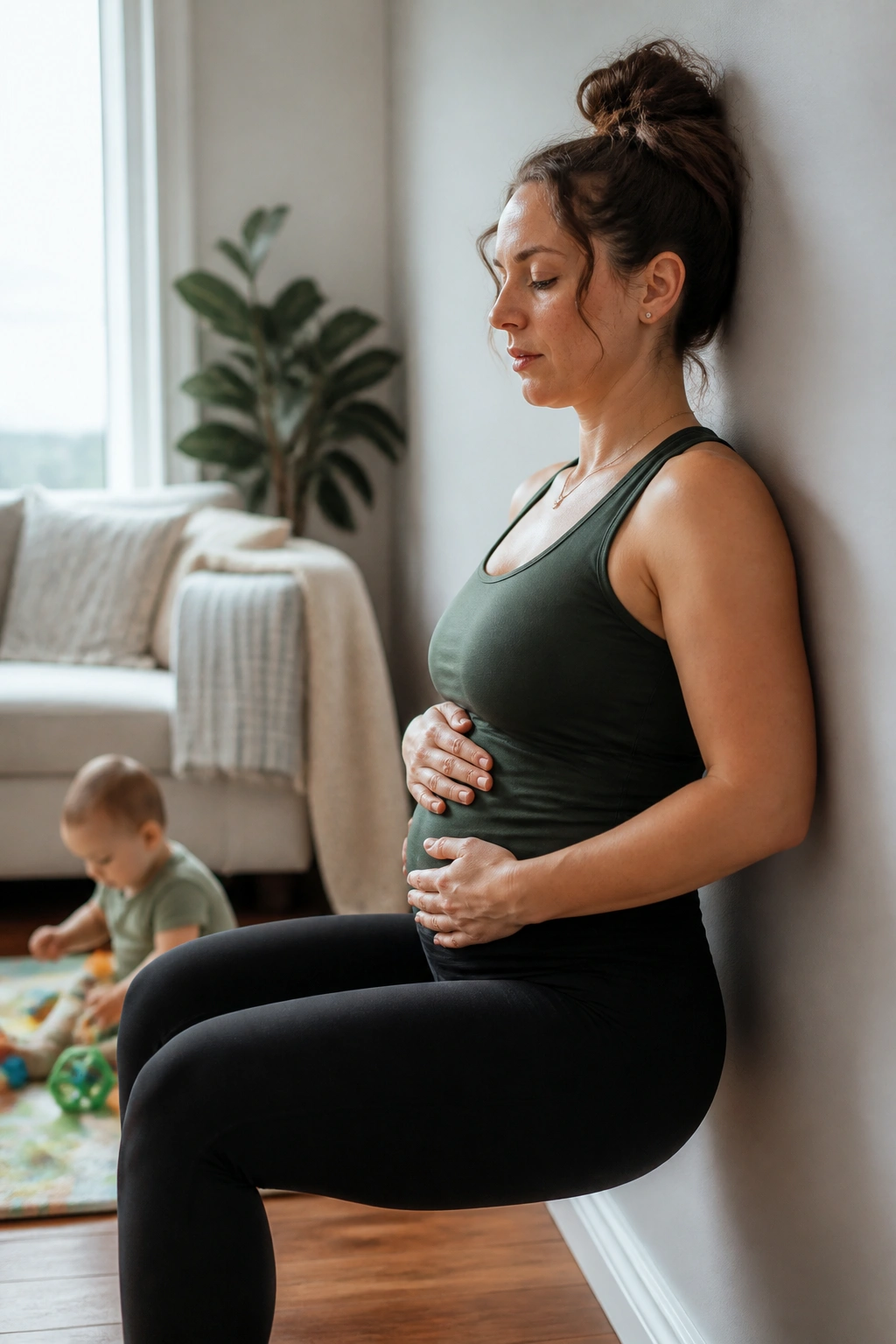 Postpartum mom performing wall squat breathing in a cozy living room