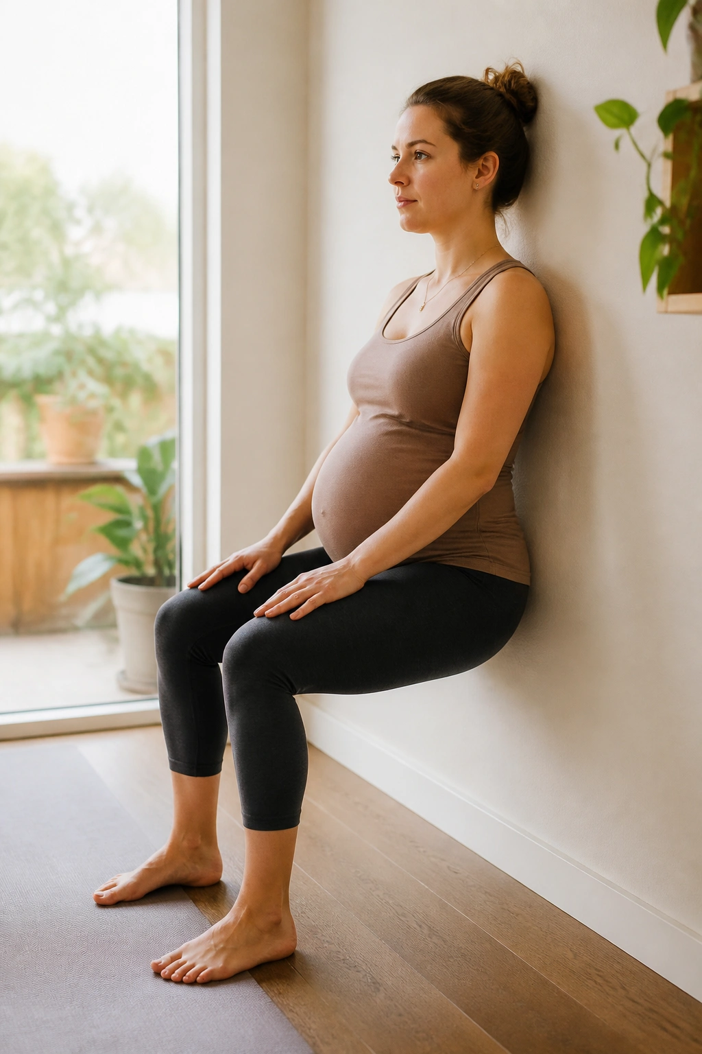 Pregnant person in a shallow wall-supported squat