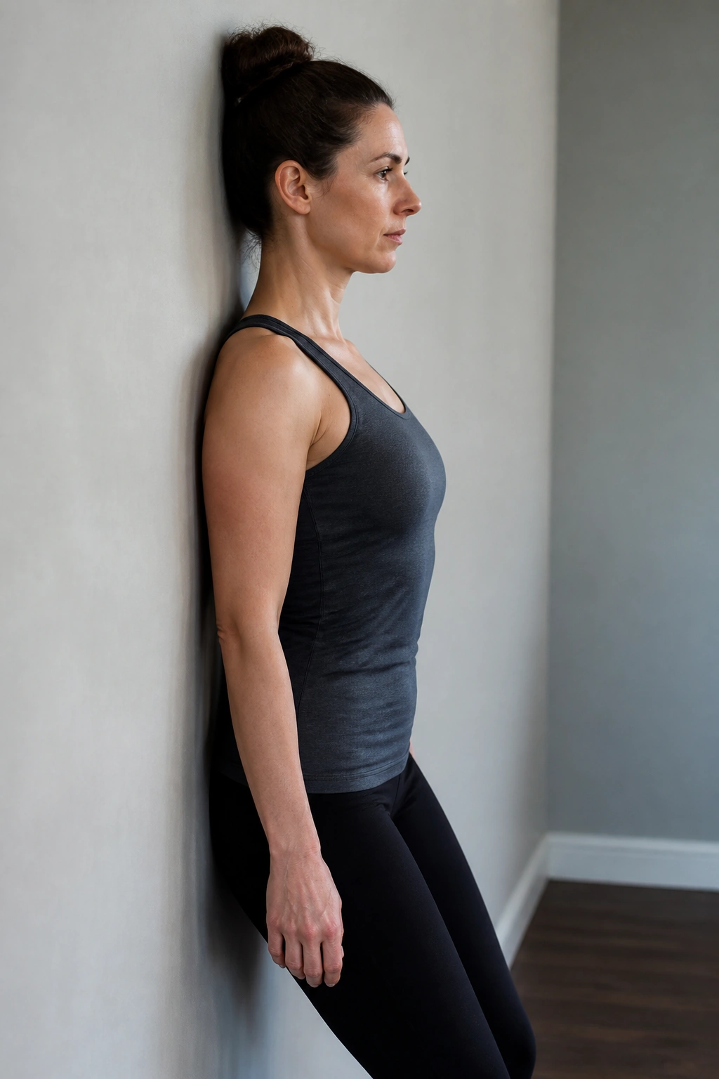 Medium close-up of a person performing a wall stand reset with the back of head and shoulders against a wall and chin tucked