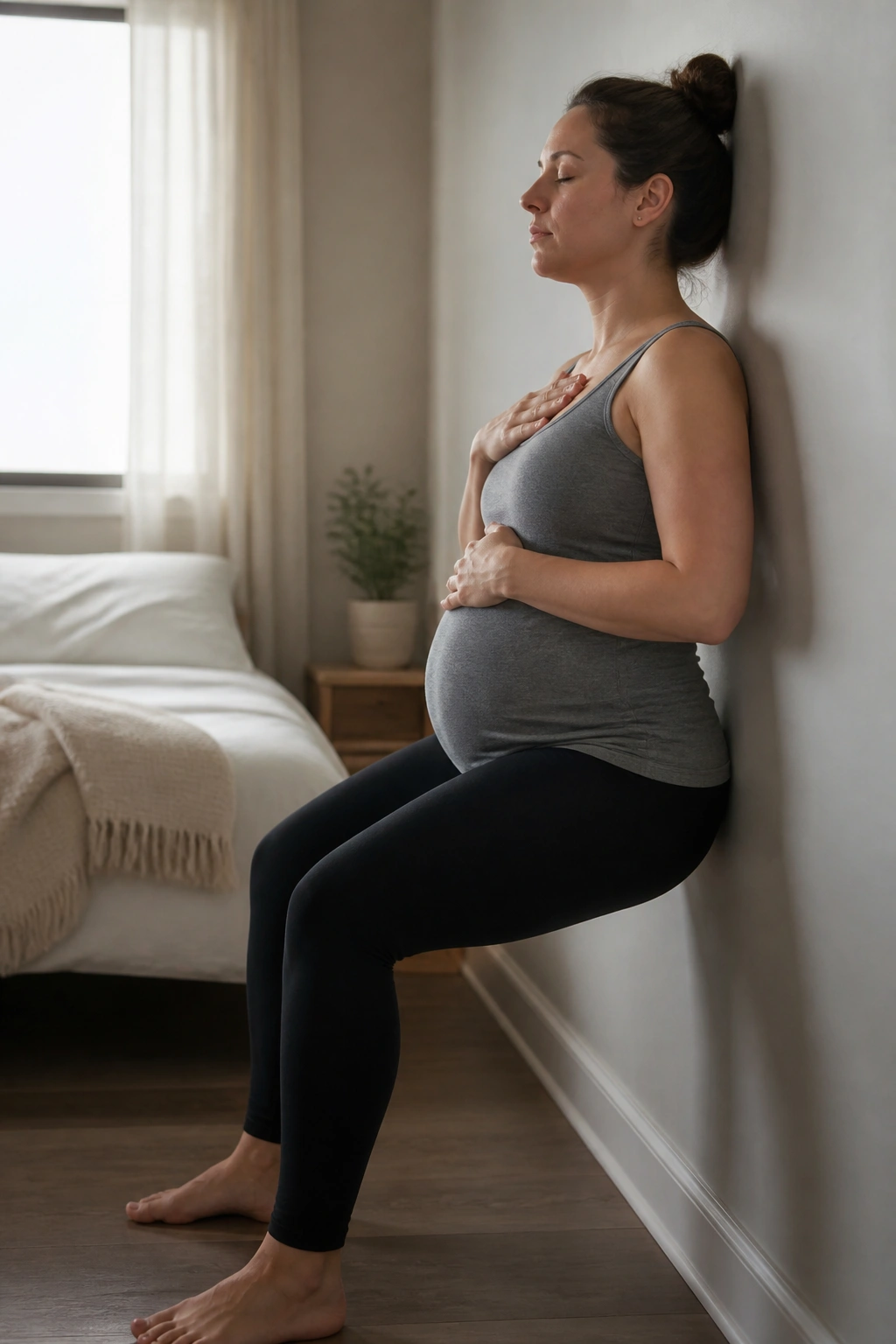 Pregnant woman standing by a wall performing pelvic tilts and rib breathing.