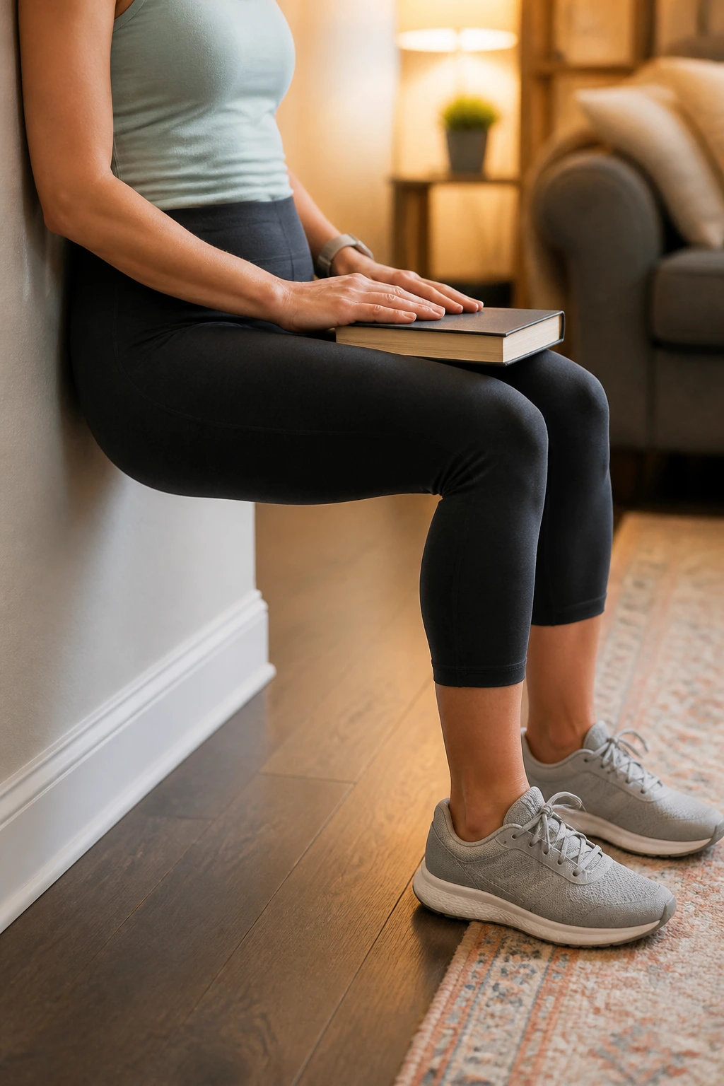 Person doing a wall sit while holding a closed book in a cozy living room