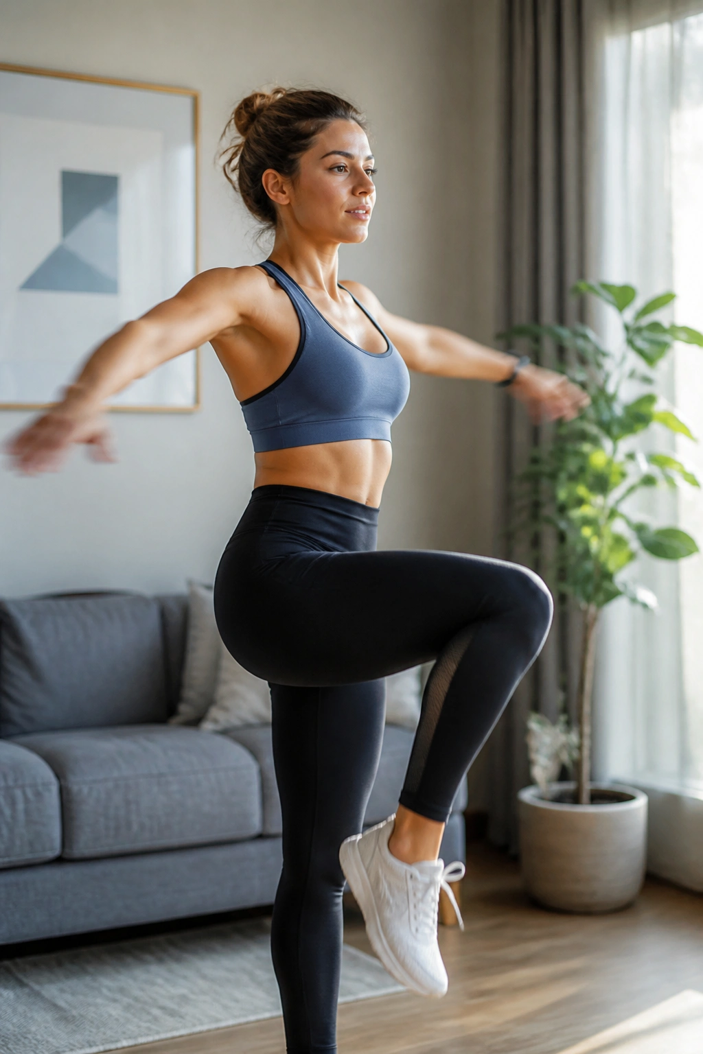 Person performing a simple warm-up in a bright living room