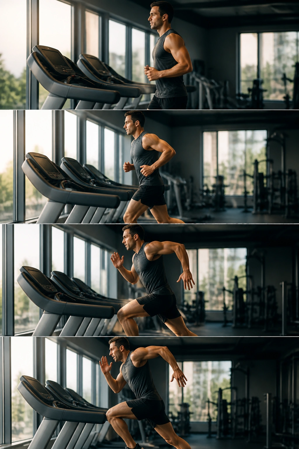 Runner warming up on treadmill progressing to sprint