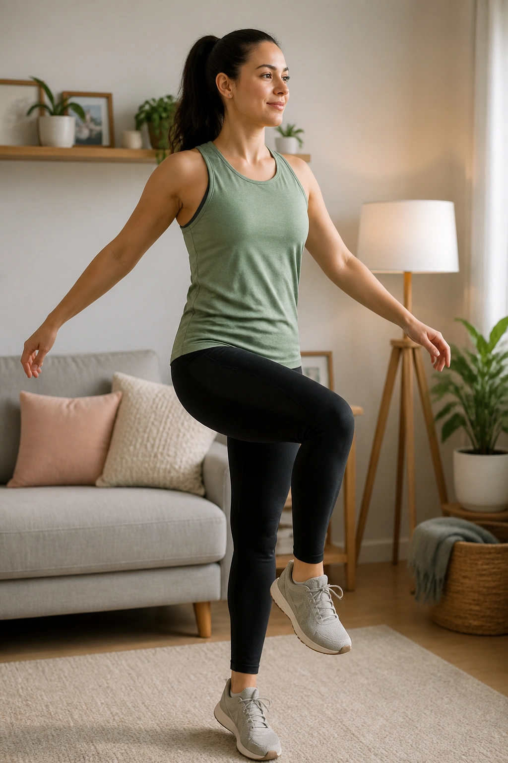 Person performing a warm-up march in a cozy living room