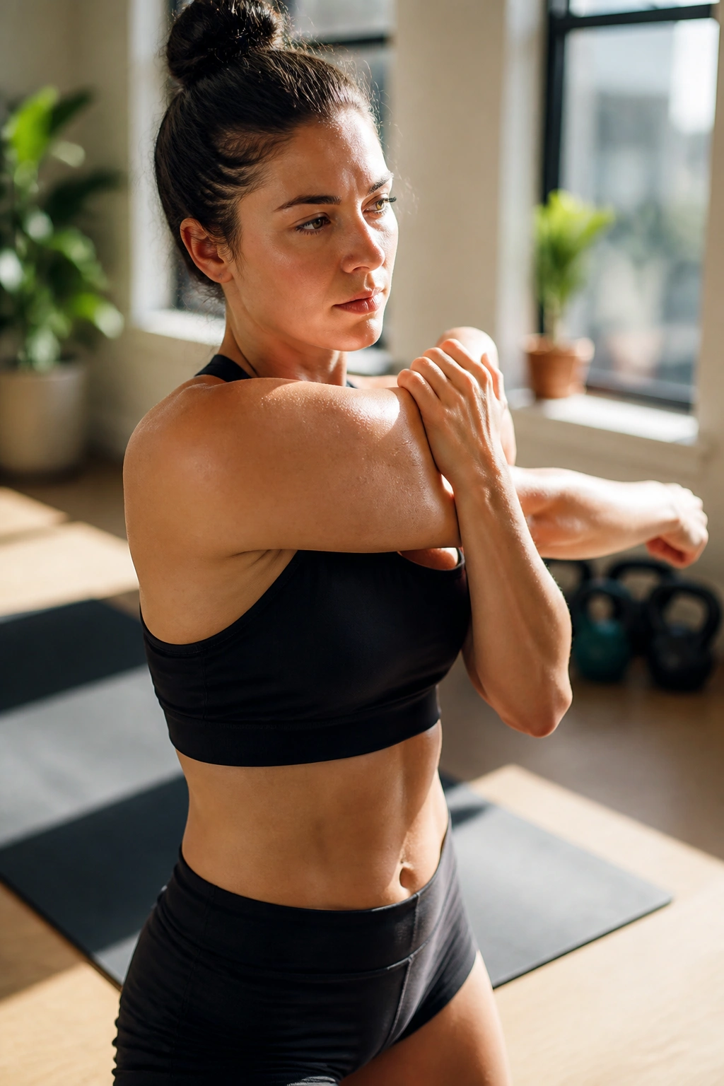 Person performing a warm-up exercise in a bright home gym