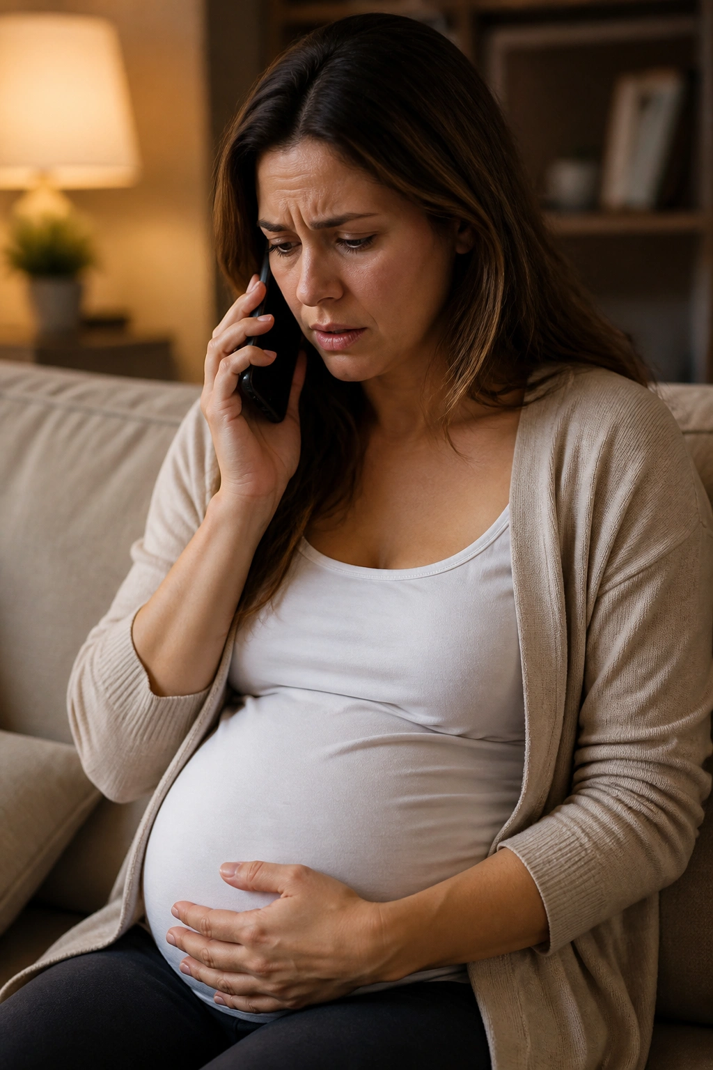 Pregnant woman on a phone call in a warm living room