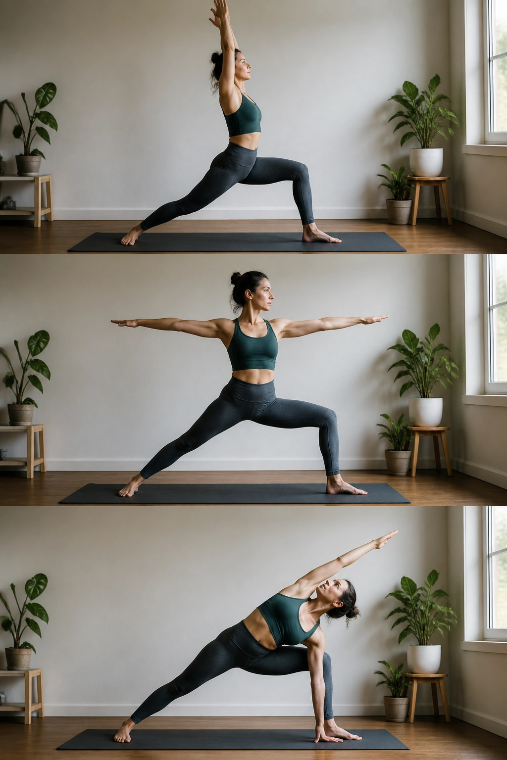 Medium close-up of a real person moving through Warrior I II Side Angle during a home yoga flow.